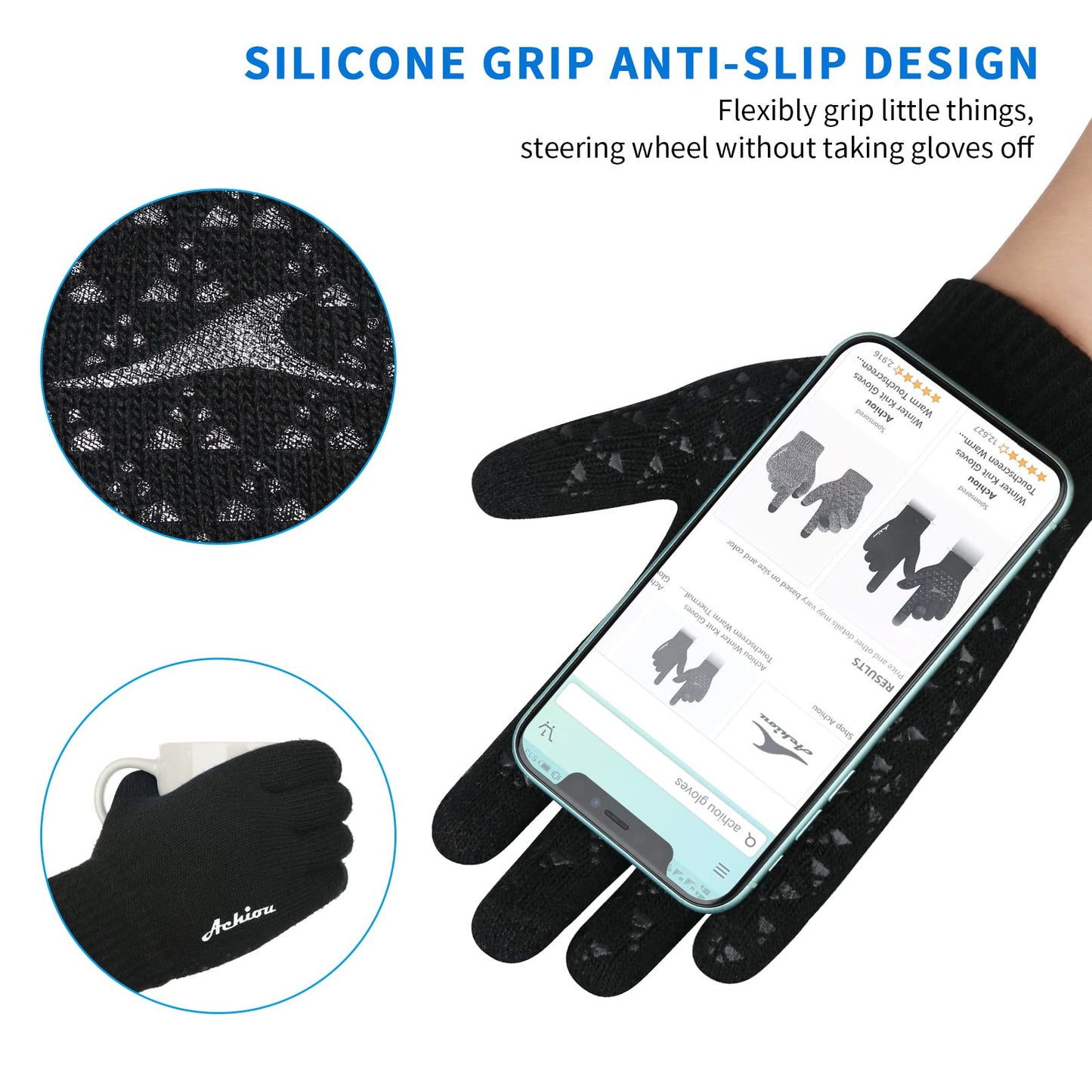 Achiou - Guantes de invierno para hombres y mujeres, aptos para uso con pantalla táctil, guantes cálidos con forro de punto suave térmico, puños elásticos, 3 tamaños para elegir, Negro, M