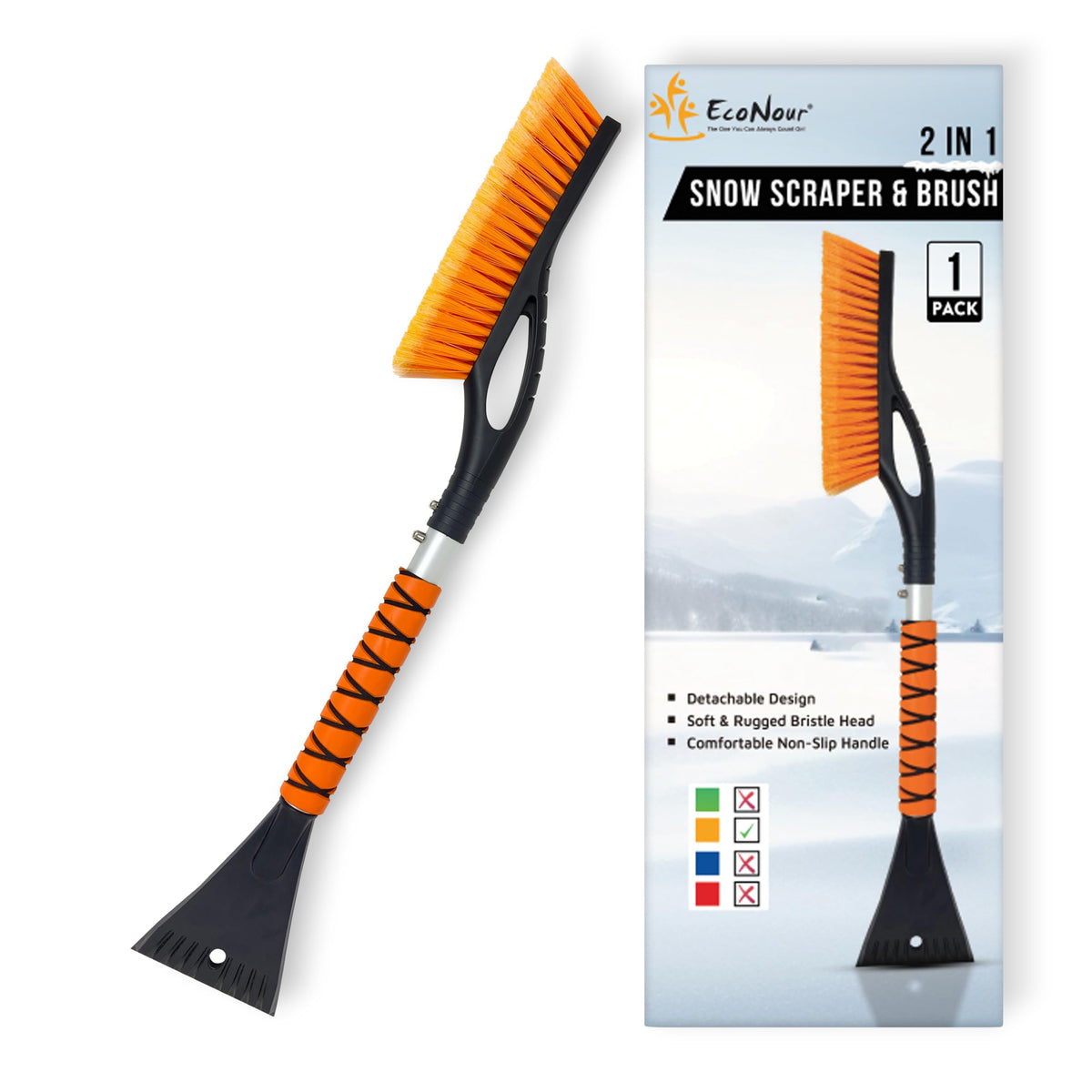 EcoNour Cepillo de nieve de 27 pulgadas con raspador para coche, cabeza de cerdas sin arañazos y raspador de hielo desmontable para parabrisas de coche, cuerpo de aluminio, rascador de hielo