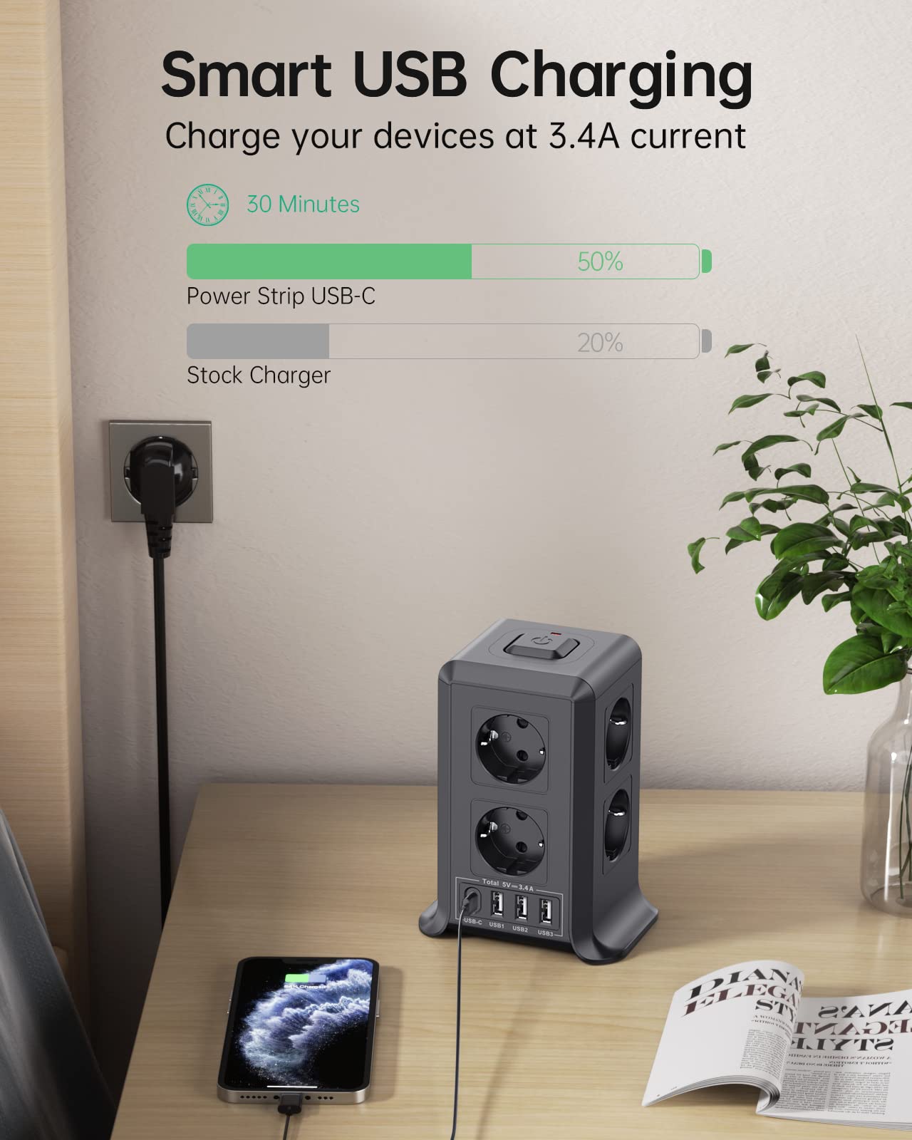 Torre Regletas Enchufes, Regleta USB 8 Tomas de AC y 4 USB Enchufe Multiple,Regleta Enchufes Proteccion Sobretension, 2 M Regreltas Vertical con Interruptor para Mesa, Oficia, Casa, Negro