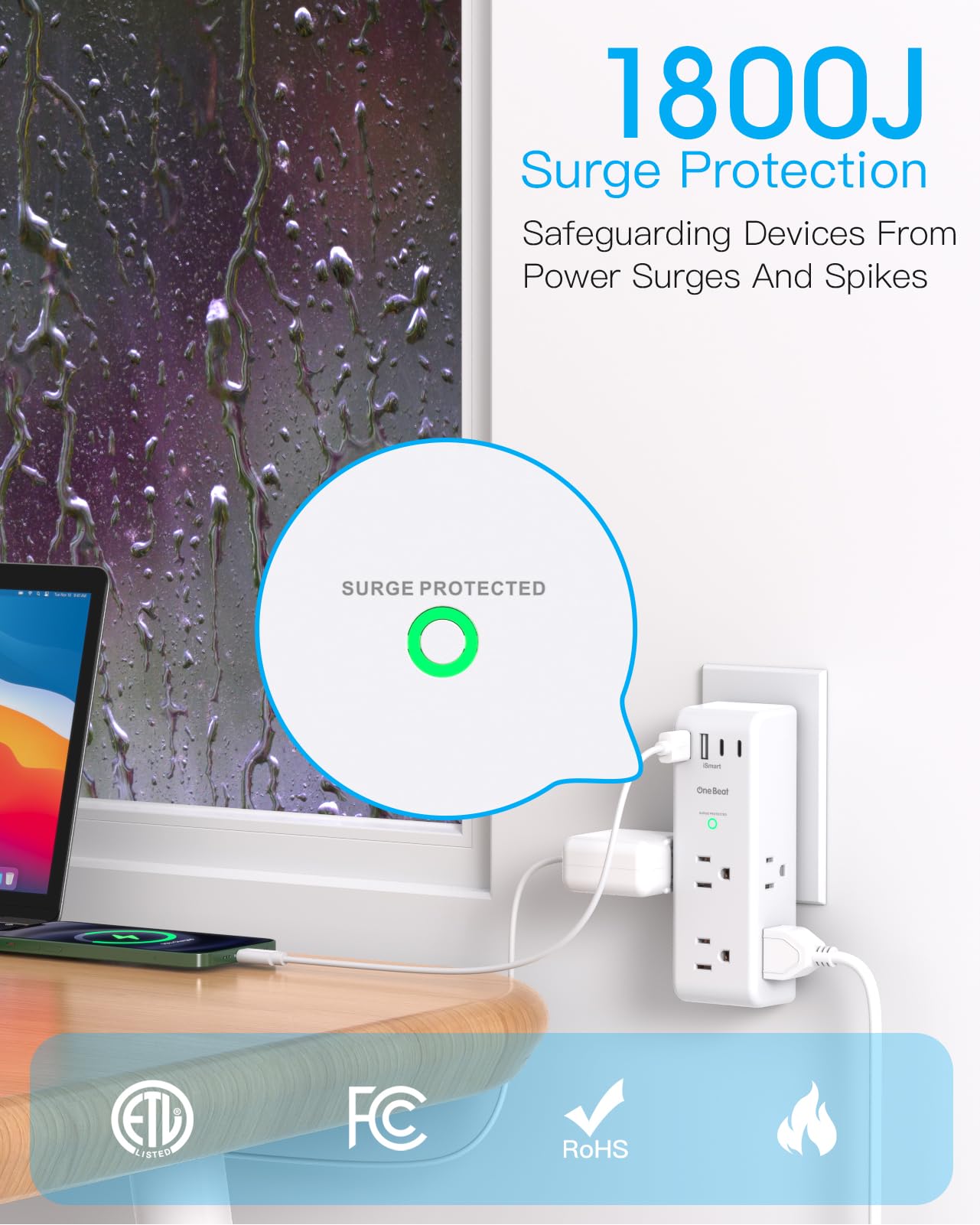 Extensor de toma de protección contra sobretensiones, con enchufe giratorio, 6 tomas de corriente alterna con 3 puertos USB (1 USB C), cargador de pared 1800J, tira de alimentación de 3 lados con