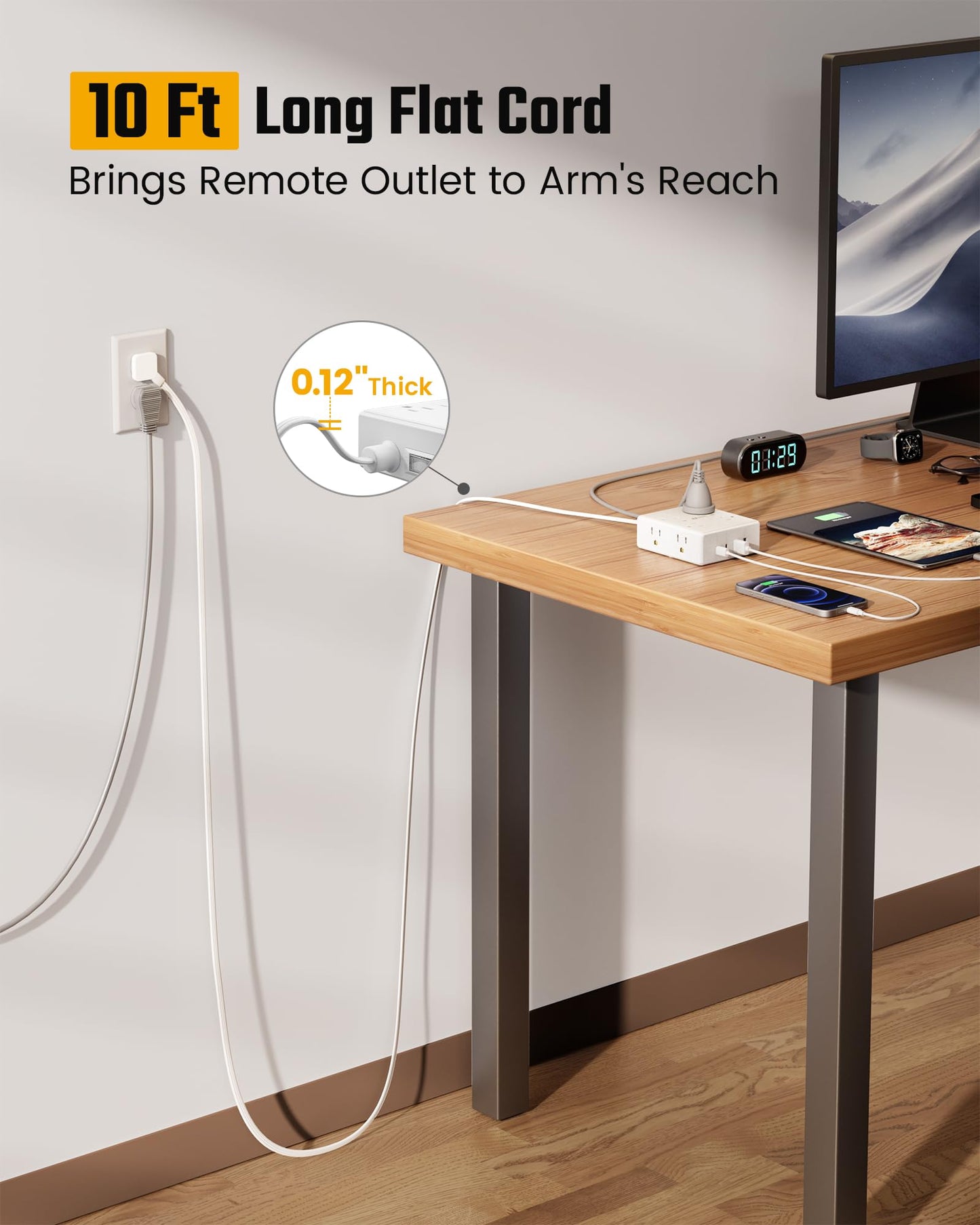 Cable de extensión de 10 pies con múltiples tomas, protector de sobretensiones de enchufe plano, cable de 10 pies de largo, 8 salidas y 4 puertos USB (2 USB C), estación de carga de escritorio para