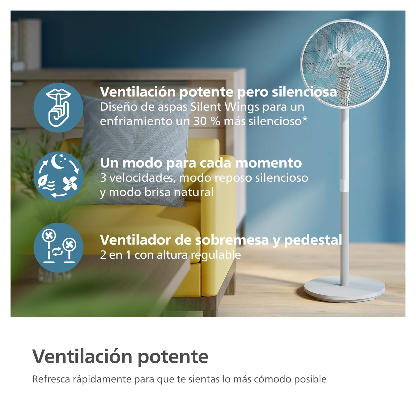PHILIPS Serie 2000 Ventilador de pedestal. Ultrasilencioso con tecnología SilentWings. 19 dB. Ventilador de pie y de sobremesa 2 en 1. Inclina y oscila. Temporizador de 12h. Blanco. (CX2550/00)
