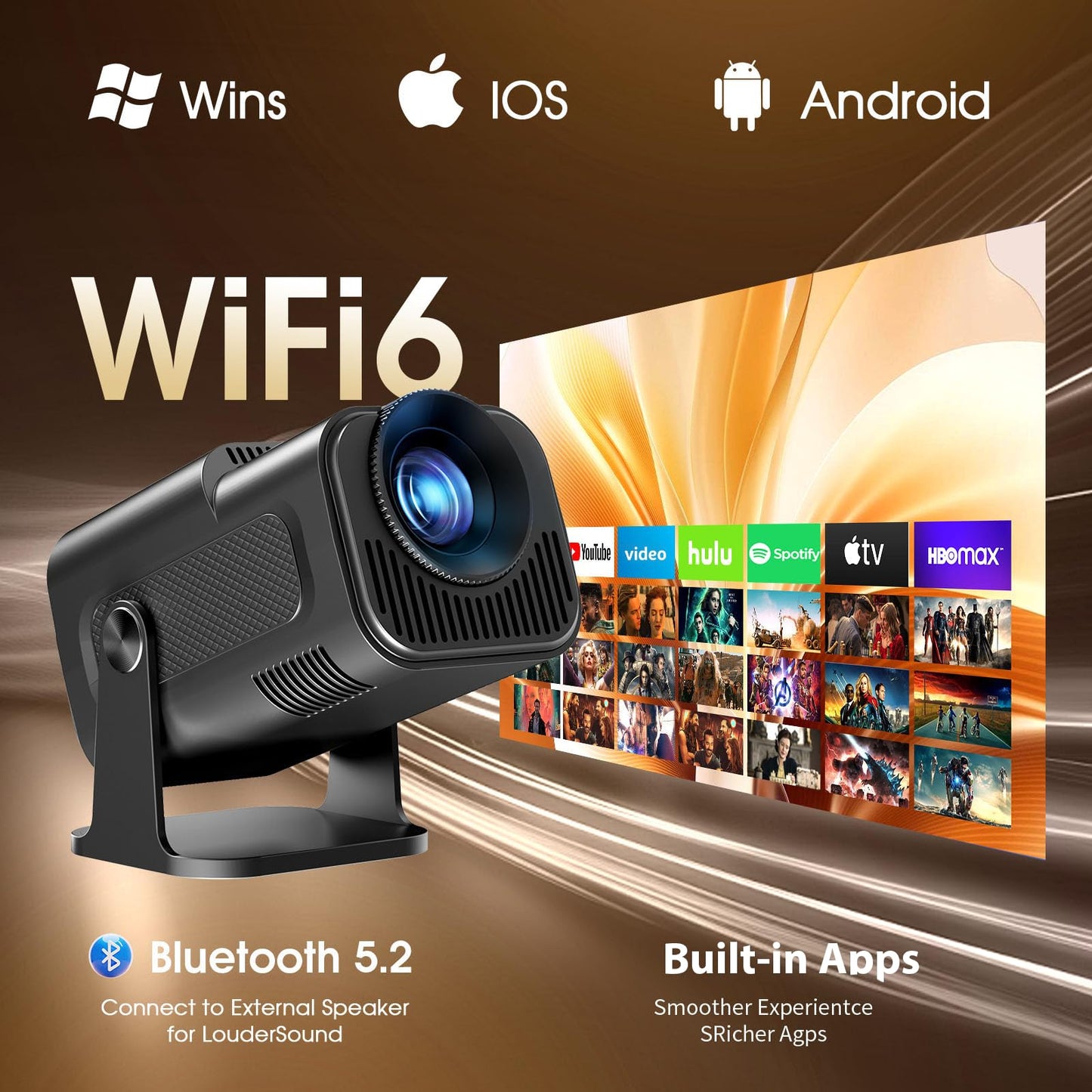 [App Integrada] 2026 Upgraded Proyector Portátil 1920x1080P 4K Supote Videoproyector Dual Control WiFi 6 BT5.2 180° Rotation Compatible con HDMI/TV Stick/USB/Laptop, Negro