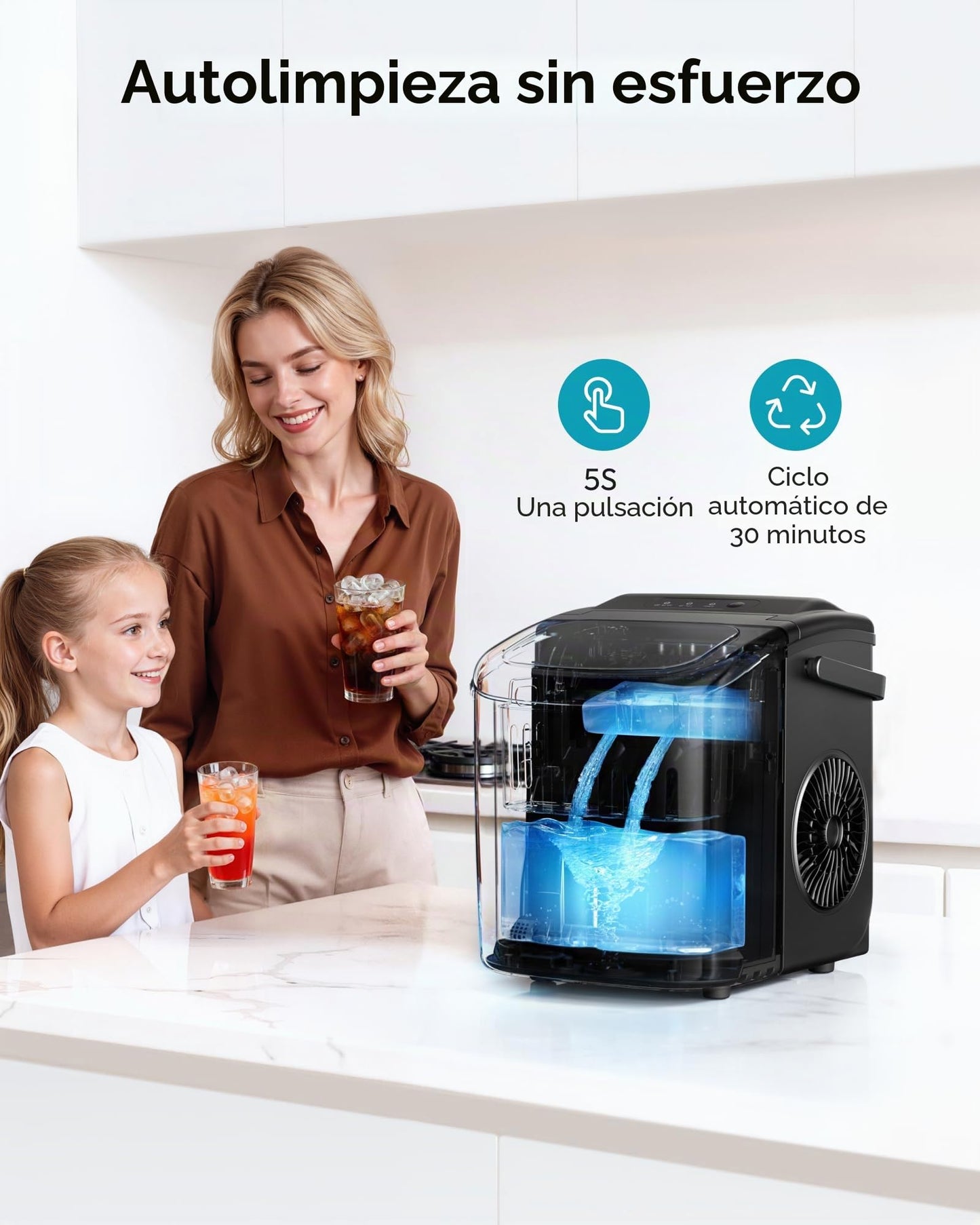 EUHOMY Máquina de Hielo: 9 Cubos en 6 Minutos, Maquina de Hacer Hielo Autolimpiable, 12Kg/24H, 2 Tamaños de Hielo, con aAsa, Pala para Hielo y Cesta Ideal Para Inicio/Cocina/Oficina/Bar, Negra mate