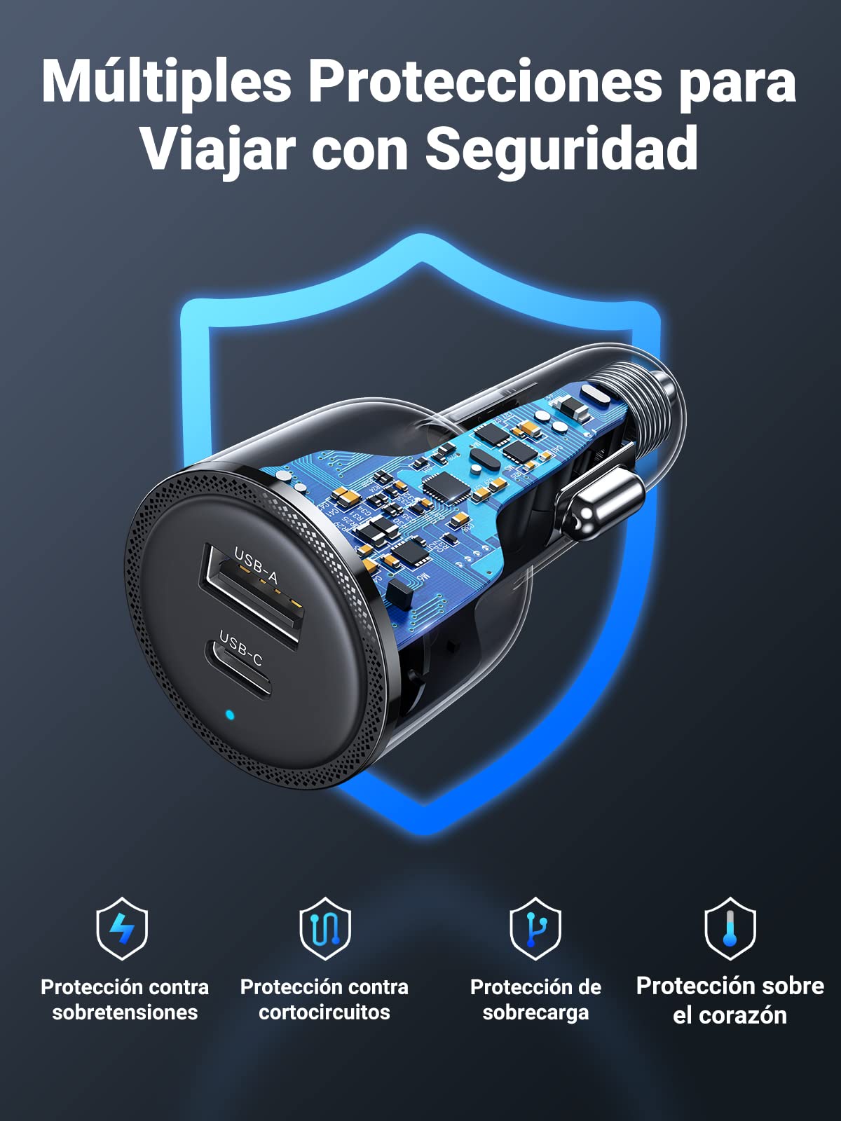 UGREEN 63W Cargador de Coche USB C con Cable 1 M, Car Charger Tipo C PD 3.0 QC 3.0 PPS 45W, Compatible con iPhone 16/15/14 Plus Pro MAX, Galaxy S24 Ultra/23/22, Xiaomi Redmi