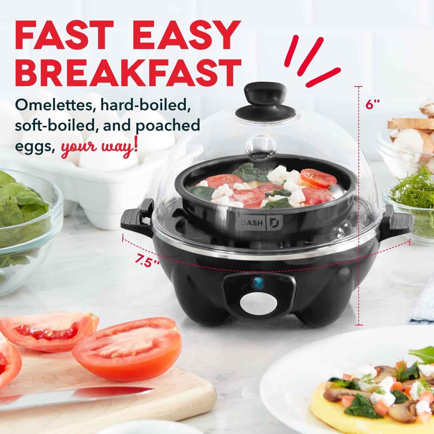 Dash DEC005BK BLACK 6 Egg Rapid Cooker w/ Poaching Tray & Measuring Cup by Dash