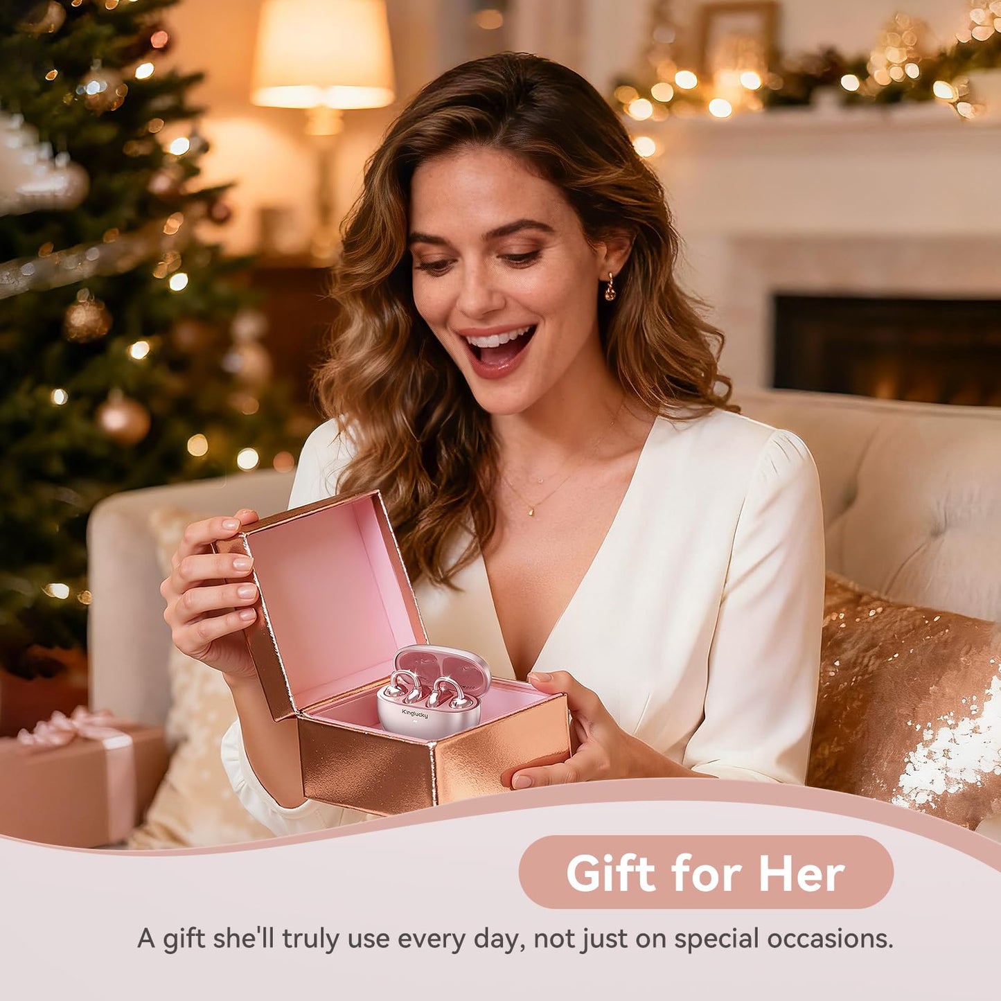 Kinglucky ClipFree - Auriculares de oreja abierta, diseño inspirado en joyas, elegante y cómodo, ajuste de clip, auriculares inalámbricos Bluetooth 5.4 para mujer, batería de larga duración, ideal