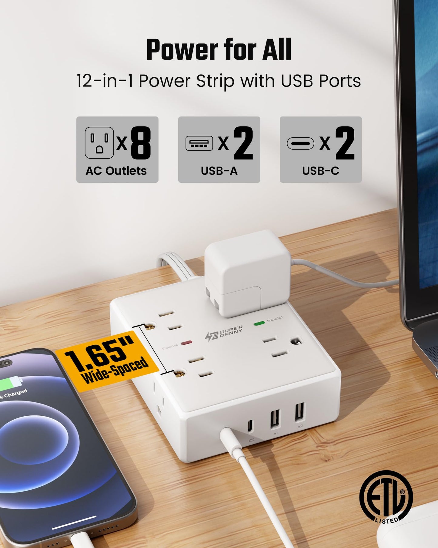 Cable de extensión de 10 pies con múltiples tomas, protector de sobretensiones de enchufe plano, cable de 10 pies de largo, 8 salidas y 4 puertos USB (2 USB C), estación de carga de escritorio para