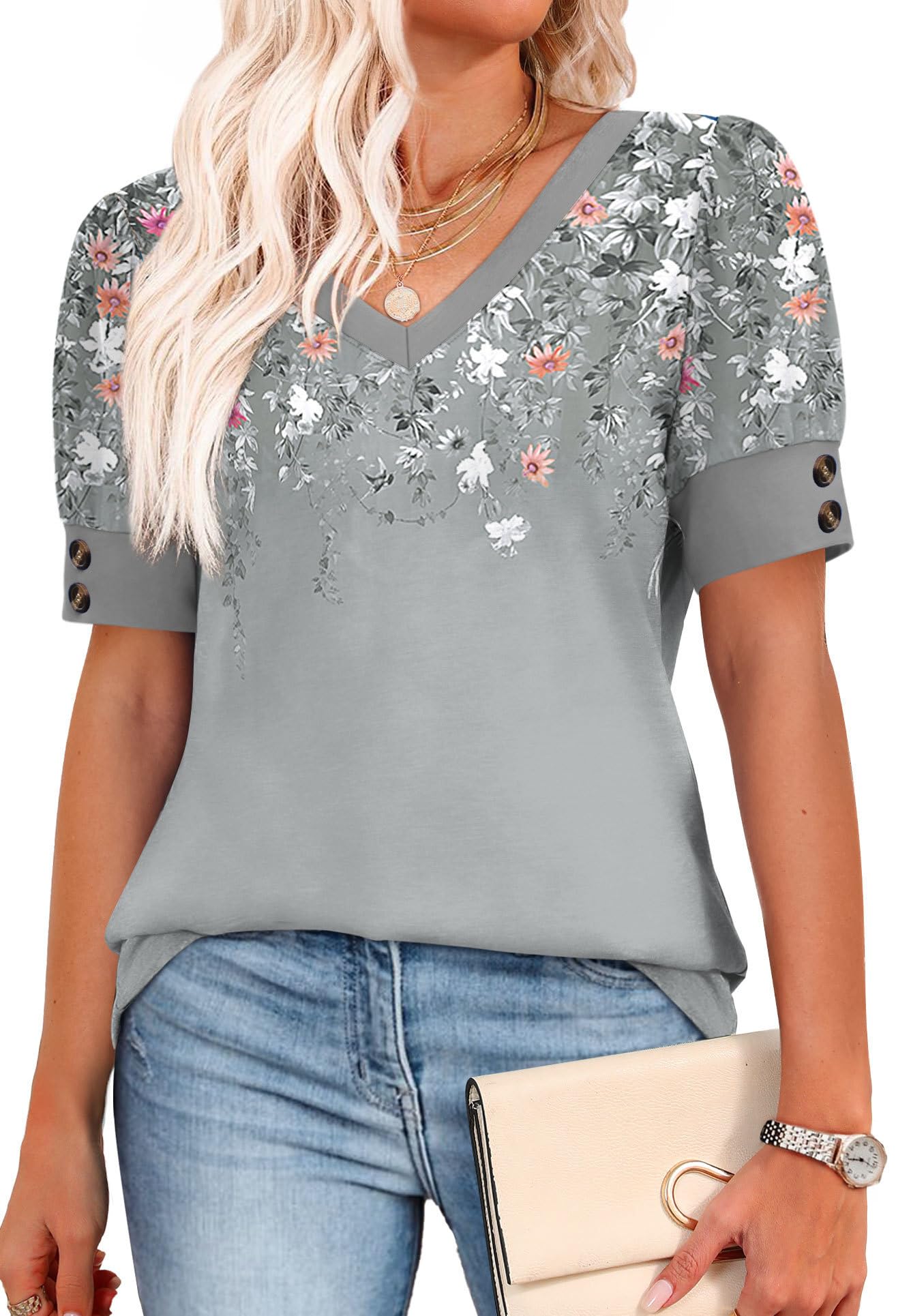 OFEEFAN Camisetas de manga corta para mujer, con botones, cuello en V, para primavera, verano, tallas grandes, blusas elegantes e informales, Z-floral gris, XL
