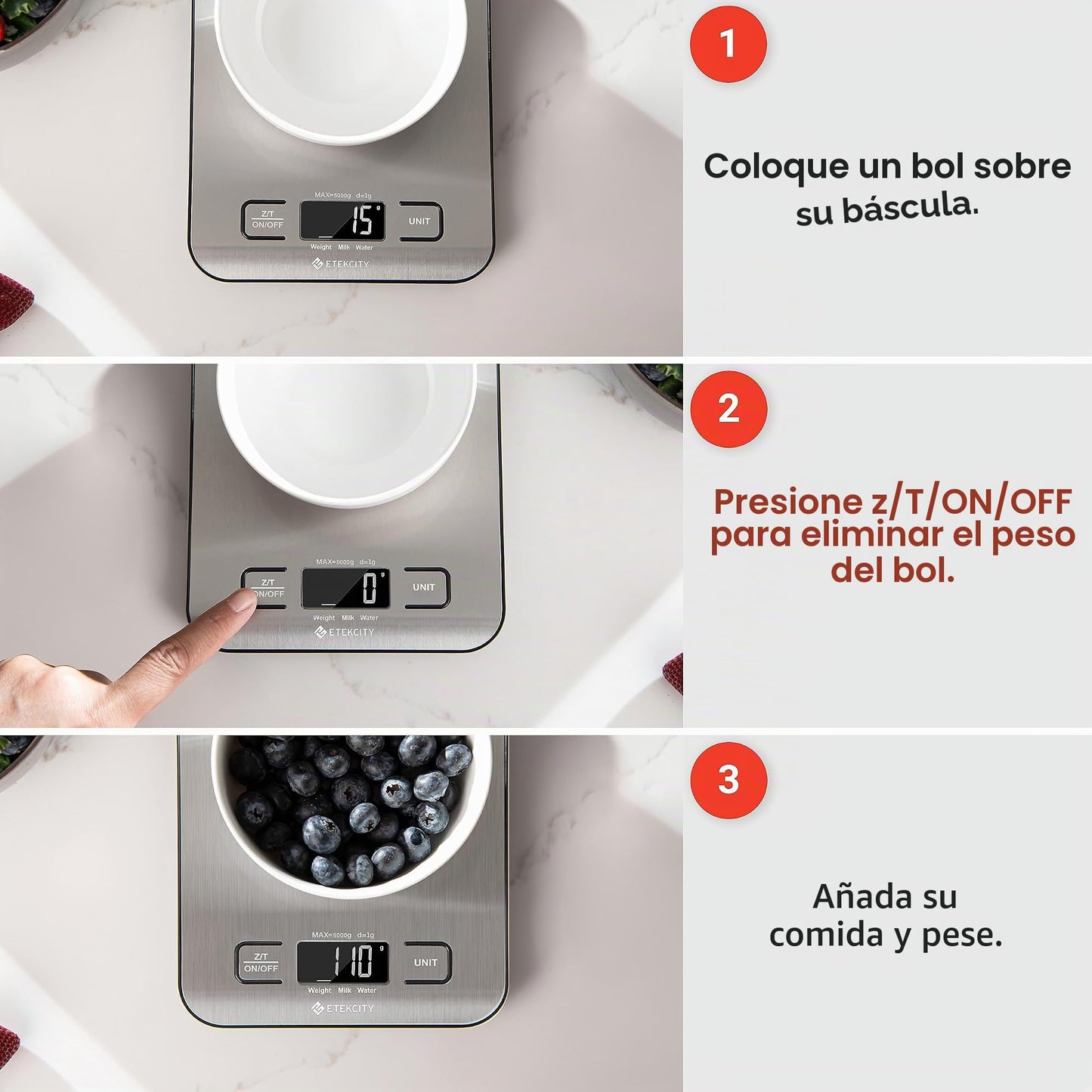 Etekcity Báscula de Cocina Digital de Acero Inoxidable, Balanza Cocina de Alta Precisión 5 kg/ 11 lbs
