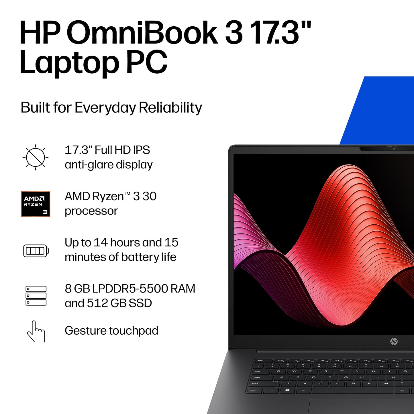 HP OmniBook 3 portátil de 17,3 Pulgadas, Pantalla FHD, AMD Ryzen 3 30, 8 GB RAM, 512 GB SSD, AMD Radeon 610M Graphics, Windows 11 Home, Mica Silver, 17-dp0199nr