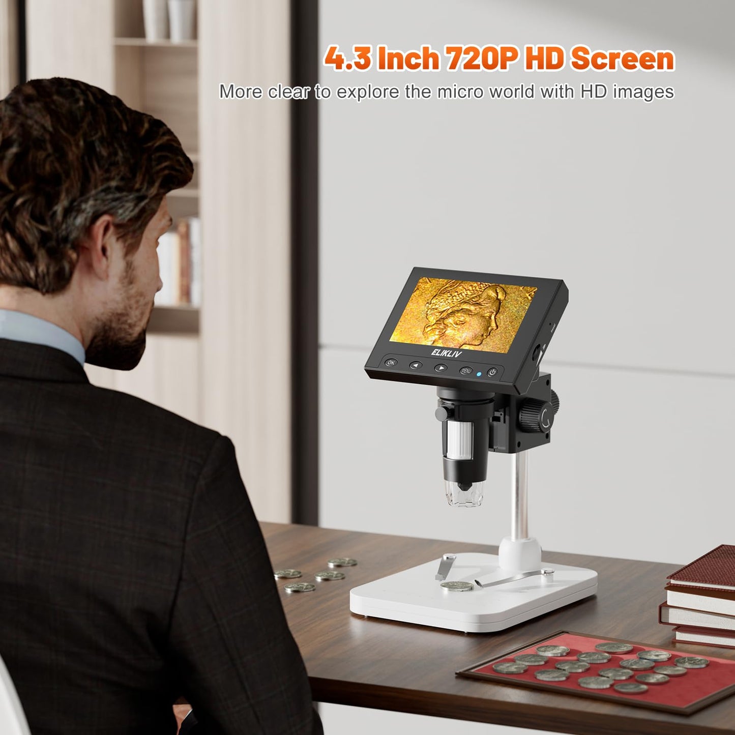 Elikliv Microscopio Digital LCD para Monedas 1000x, Lupa con 8 Luces LED Ajustables, Vista PC Compatible con Windows, EDM4, 4,3 Pulgadas