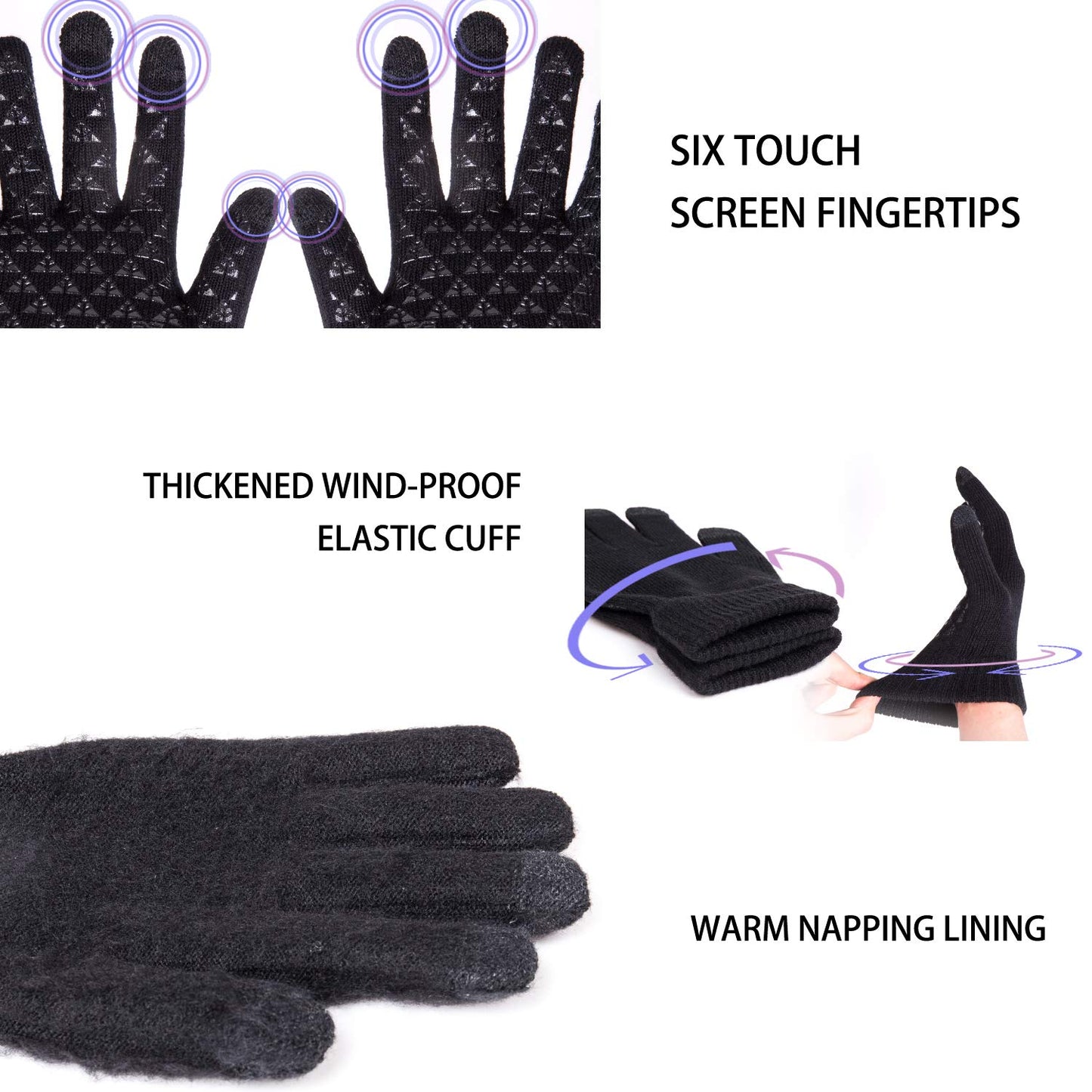 TRENDOUX Driving Gloves, Unisex Knit Winter Touchscreen Glove Men Women Texting Smartphone - Elastic Cuff - Thermal Wool Lining - Stretchy Material Black - L