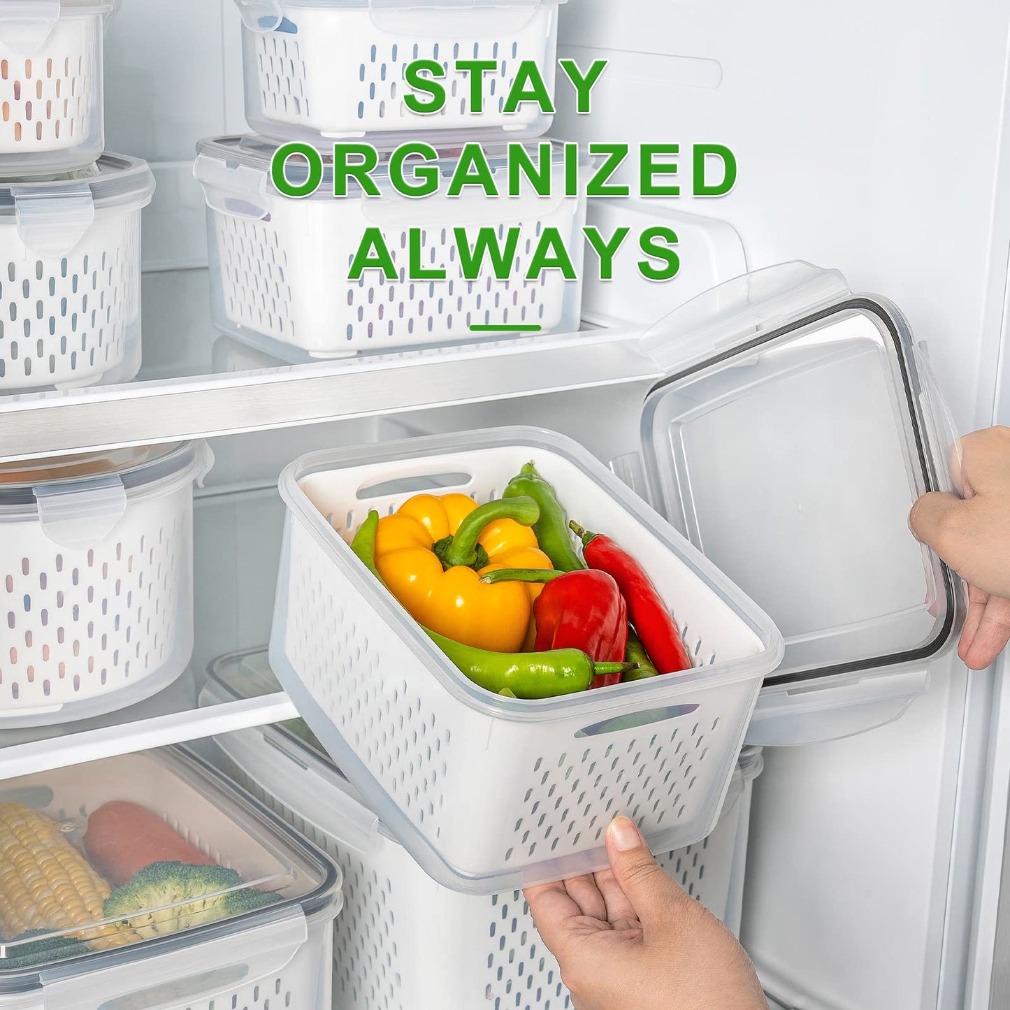 5 recipientes grandes de frutas para nevera, recipientes de almacenamiento de alimentos a prueba de fugas con colador extraíble, aptos para lavavajillas y microondas, recipientes para mantener frutas