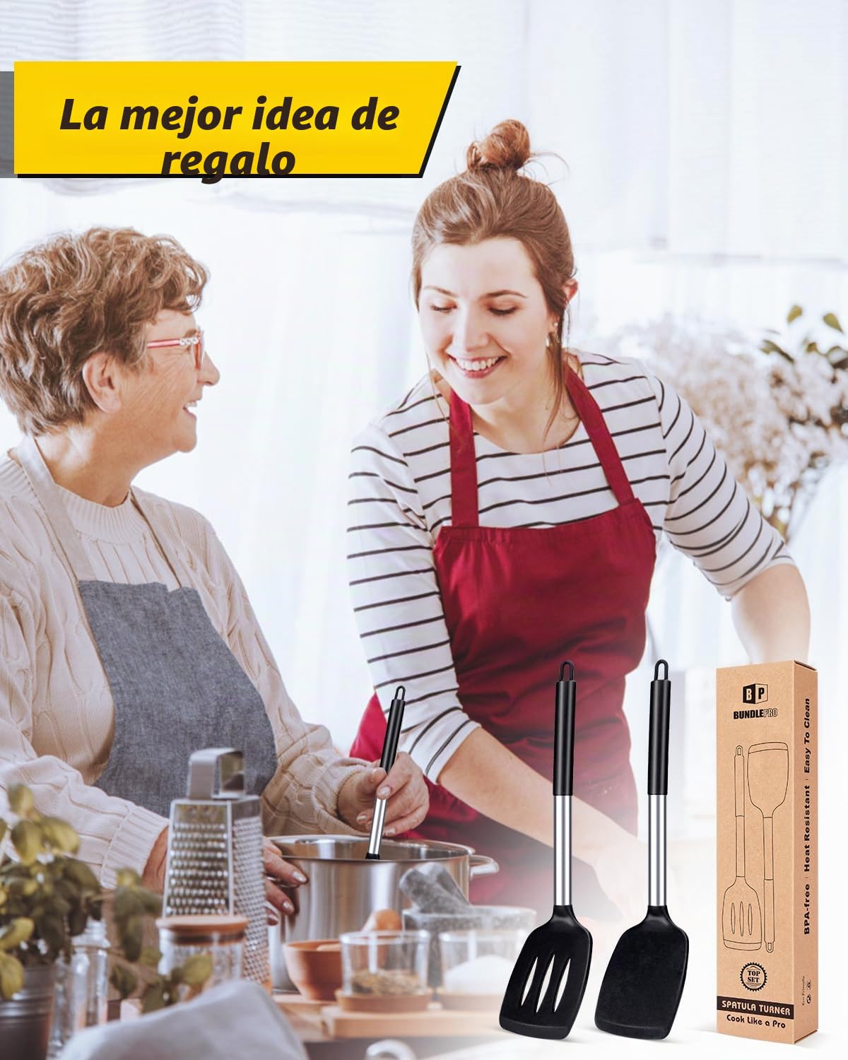 Juego de 2 Espátulas de Silicona, Espátula Antiadherentes Resistente al Calor, Utensilios de Cocina para Servir, Freir, Cocinar Huevos, Peacado, Verduras, Steak, Tortitas（Negro）