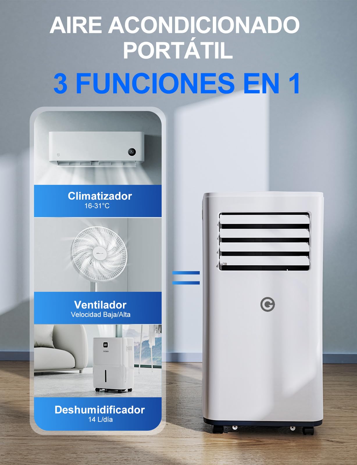 Aire Acondicionado Portátil 9000 BTU, 4 en 1: Refrigeración, Ventilador, Deshumidificador y Modo Sueño, Silencioso, con Mando, Temporizador 24h y Kit de Ventana, para Dormitorio, Oficina, Garaje, 25㎡