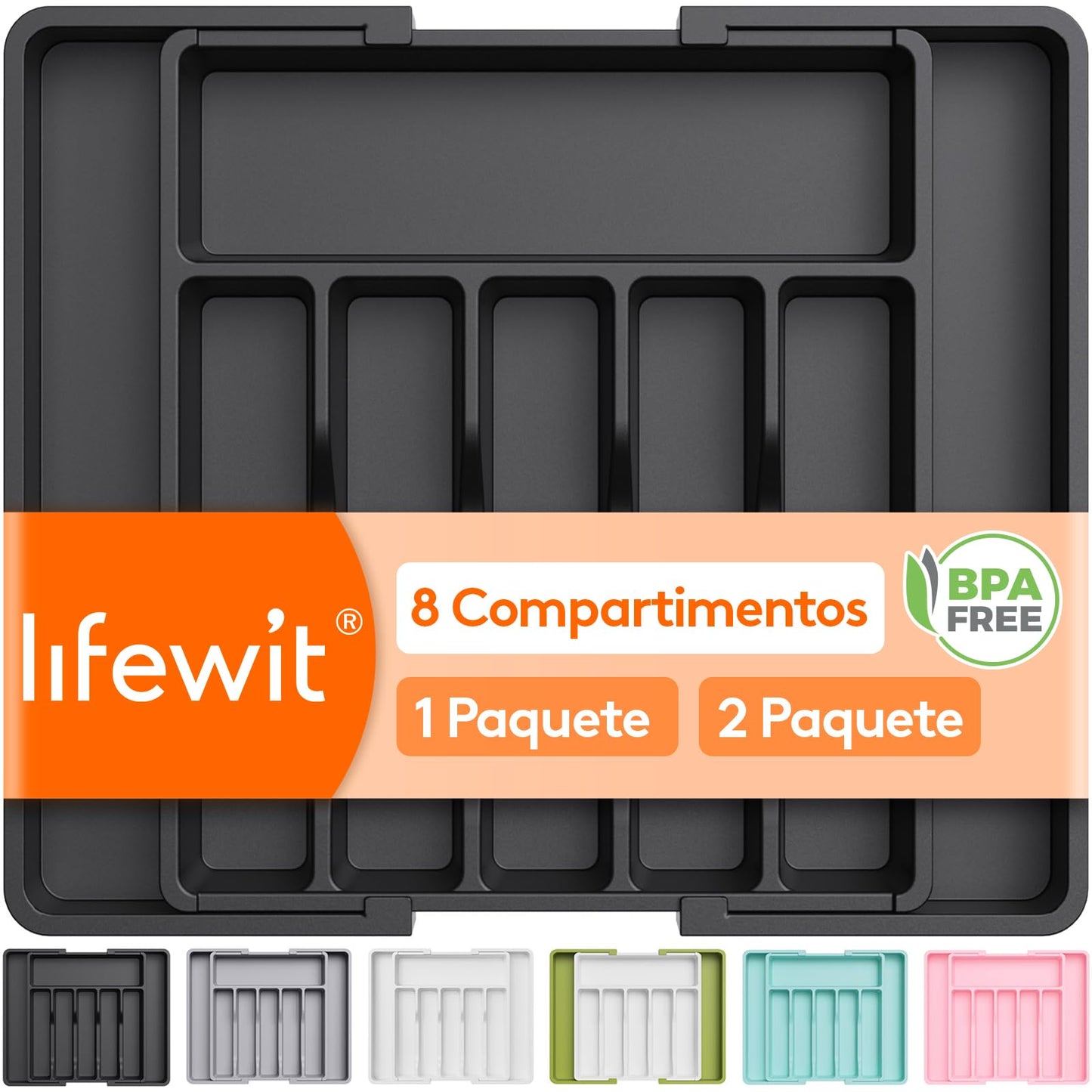 Lifewit Organizador de Cubiertos para Cajón Cocina, Bandeja para Menaje Extensible, Cubertero Compacto para Almacenar Cucharas, Tenedores y Cuchillos, Ancho 33-57 x Fondo 38 cm, Lote 1, Negro