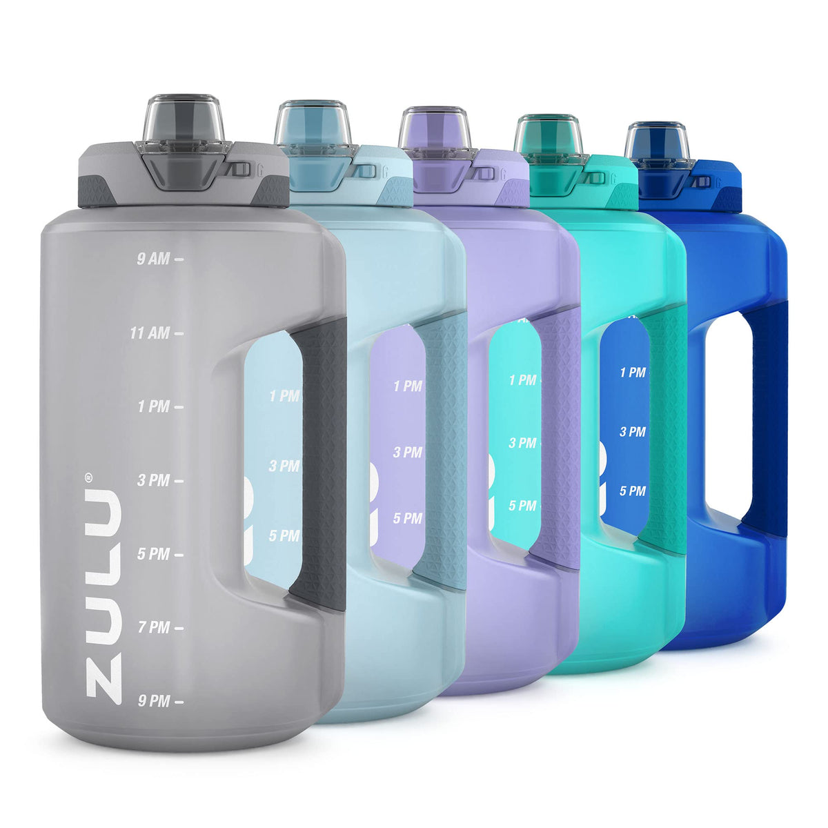 ZULU Goals - Jarra de medio galón con marcador de tiempo y asa para hidratación durante todo el día y popote de silicona con bloqueo, tapa a prueba de fugas, sin BPA, gris, 64 onzas