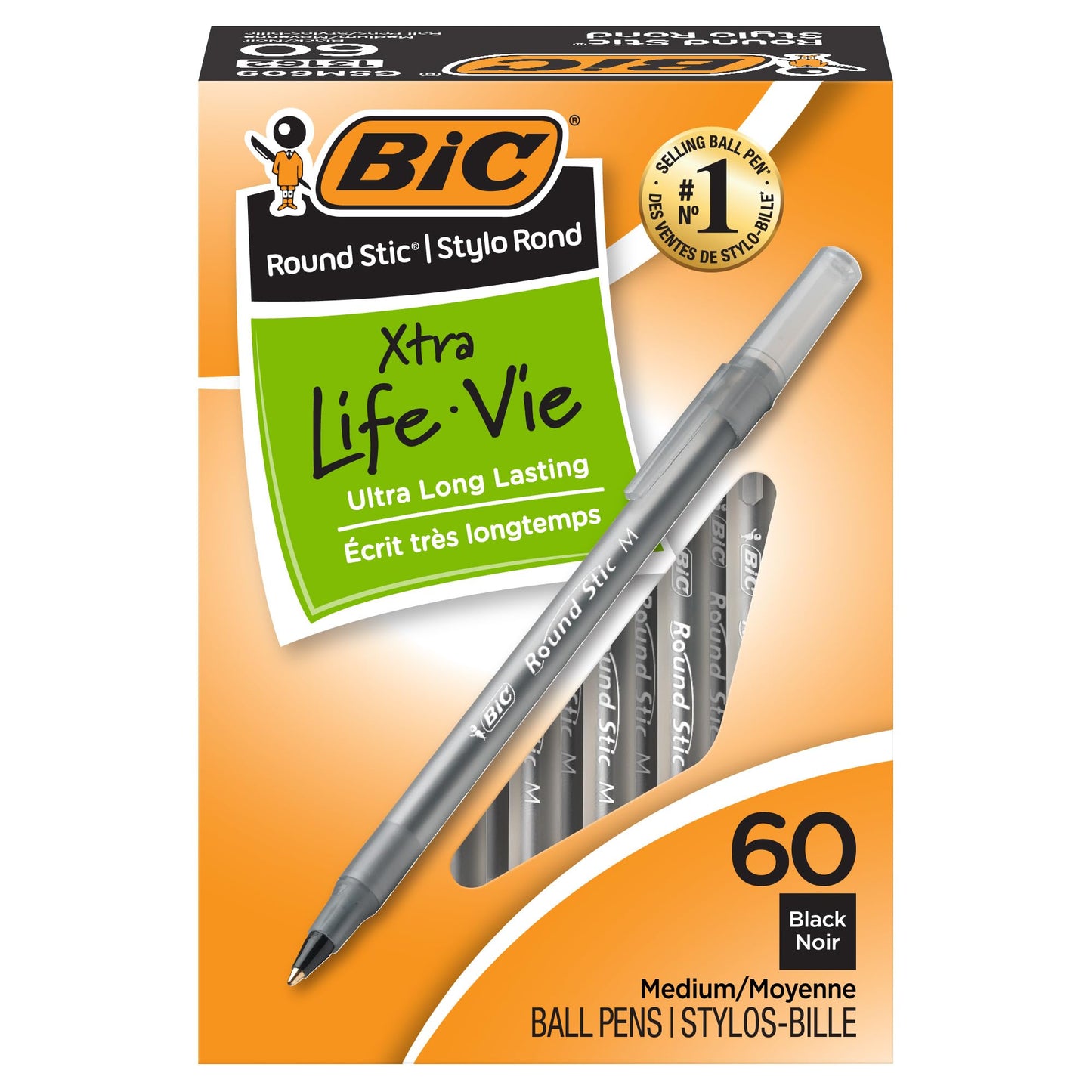 BIC Stic Xtra Life. Bolígrafo redondo, punta mediana, color negro 60 count