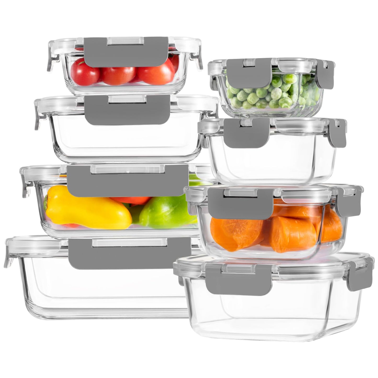 HOMBERKING Paquete de 8 recipientes de vidrio para almacenamiento de alimentos con tapas, recipientes de preparación de comidas, cajas bento herméticas con bloqueo a prueba de fugas para microondas,