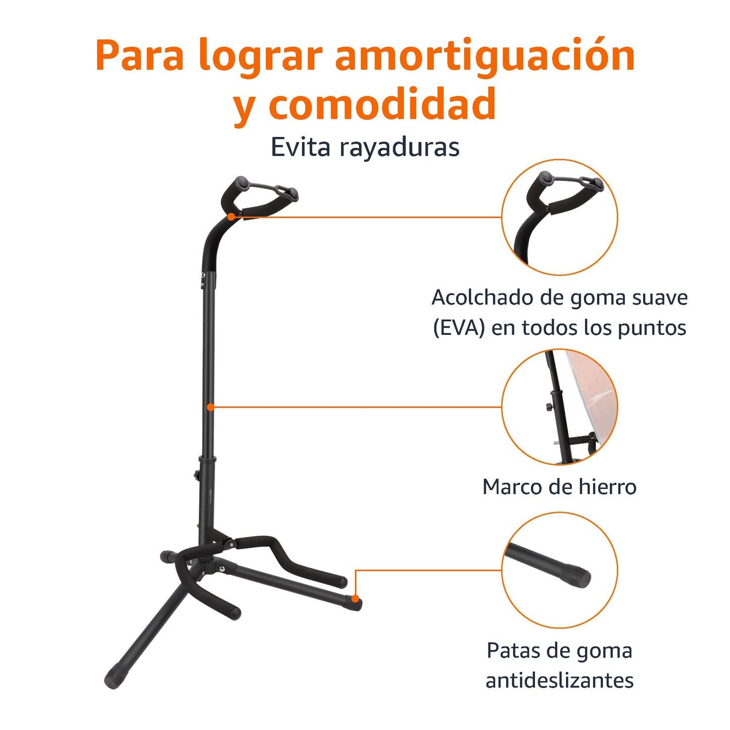 Amazon Basics Soporte Portátil Plegable para Guitarra, Diseño de Trípode Ligero con Acolchado Antideslizante, Altura Ajustable para Guitarras Acústicas, Eléctricas y Bajos, Negro