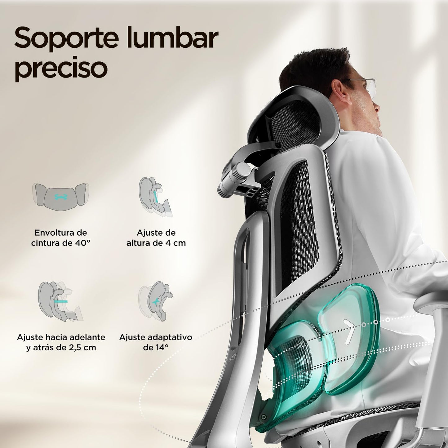 Hbada E3 Air Silla de Oficina Ergonomica - Soporte Lumbar Dinámico de 3 Zonas, Reposacabezas 3D y Brazos 4D, Silla Ergonomica Escritorio Sin Pedales (Gris)