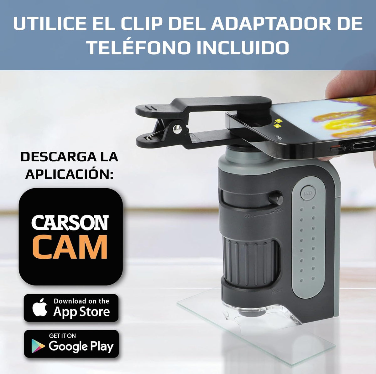 Carson MicroBrite Pro - Microscopio de Bolsillo con luz LED 60x-120x con Sistema de Lente asférica y Clip Digital para Smartphone (MM-350)