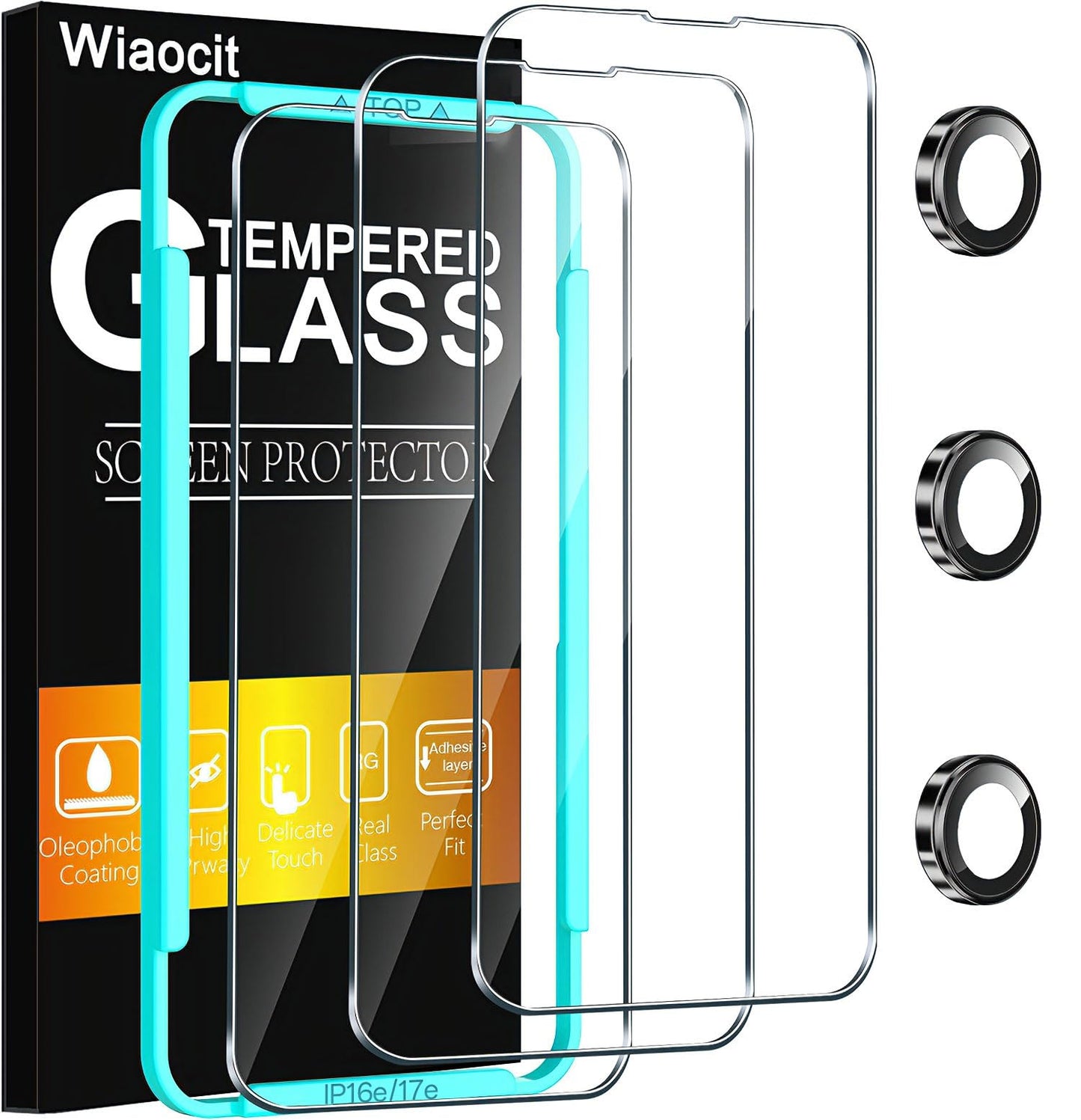Wiaocit Paquete de 3 protectores de pantalla de vidrio templado para iPhone 16e con 3 protectores de lente de cámara, dureza 9H, sin burbujas, compatible con fundas