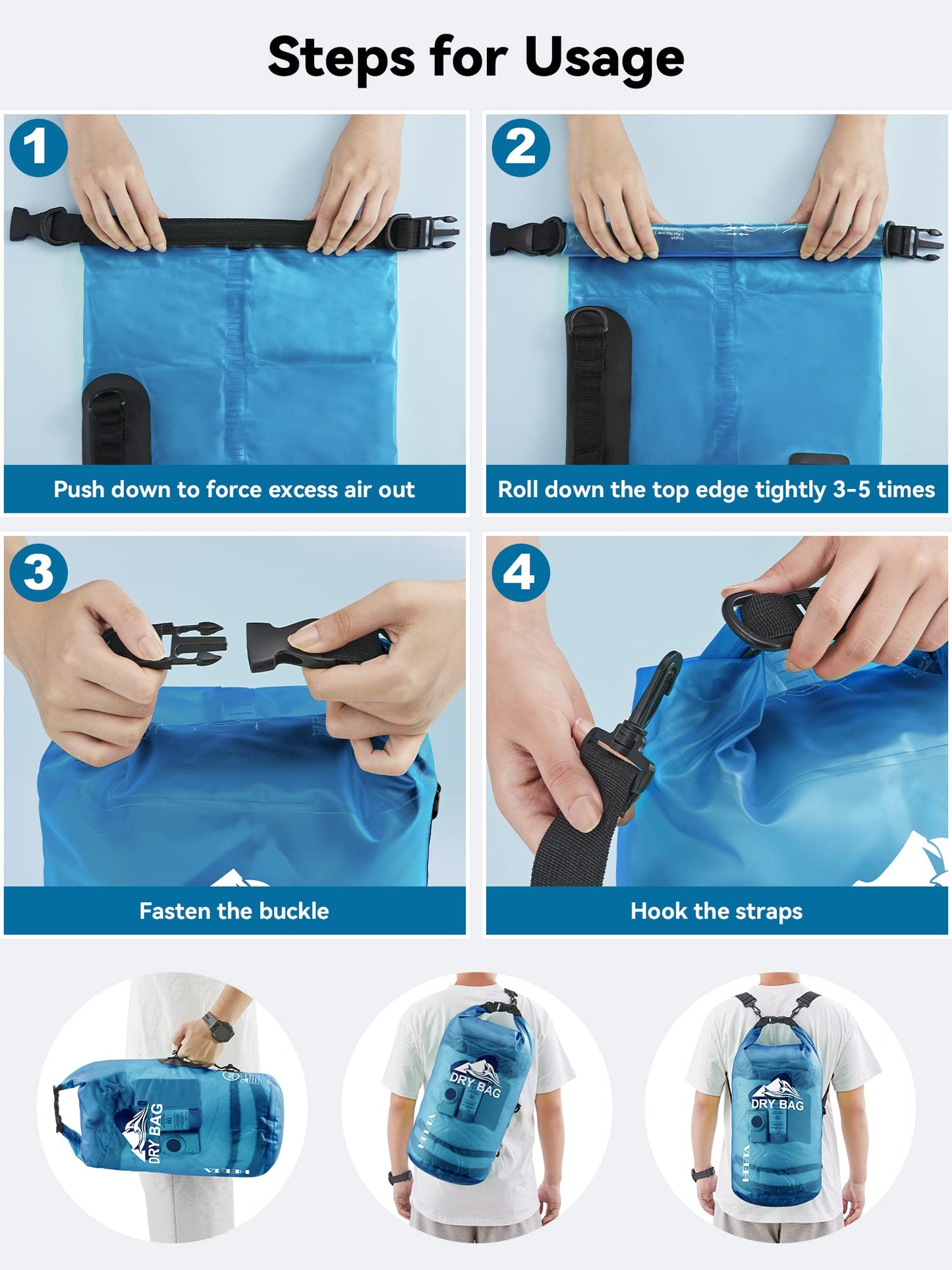 HEETA Bolsa Seca Impermeable para Mujeres y Hombres, Blue, L, Mochila, Viaje