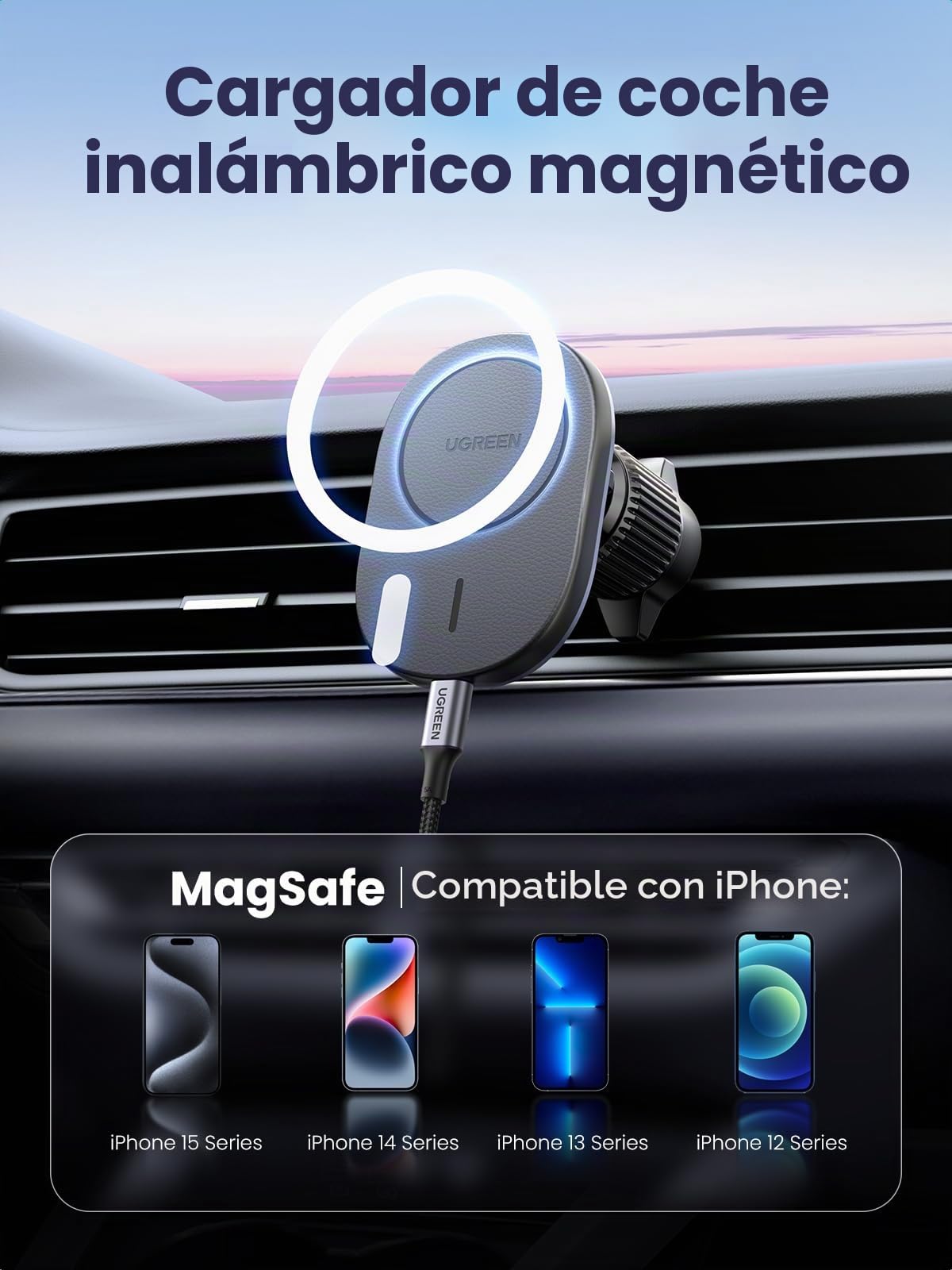 UGREEN Cargador Magnético de Coche Inalámbrico 2 en 1, Soporte Móvil para Aire Ventilación con Ventosa con Carga Wireless Compatible con iPhone 16/15/14/13/12 Series