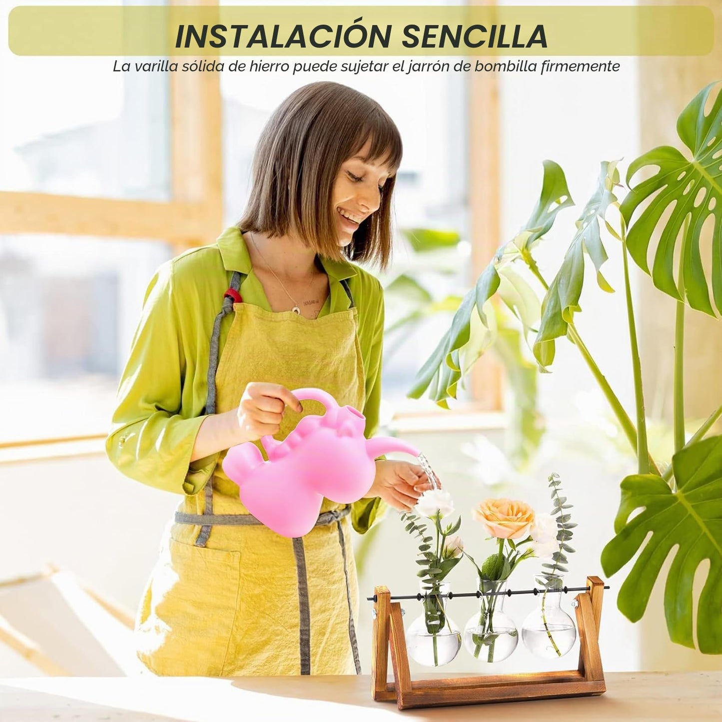 Terrario decorativo XXXFLOWER con soporte de madera y 3 jarrones