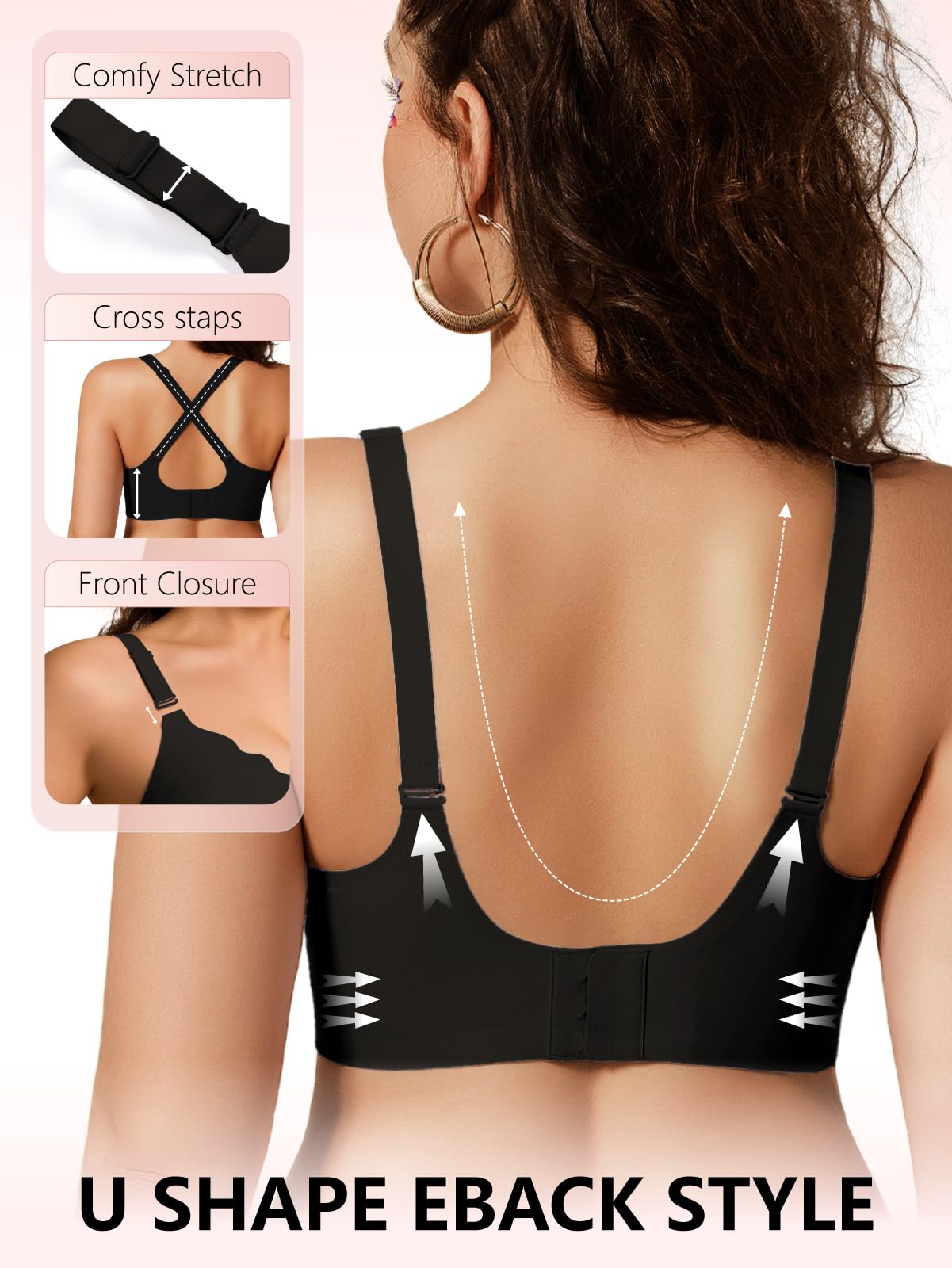 COCOMARTS Sujetadores push up para mujer, sin aros, soporte sin costuras, sin aros, sin varillas, cómodo, festoneado para uso diario, Negro, Large
