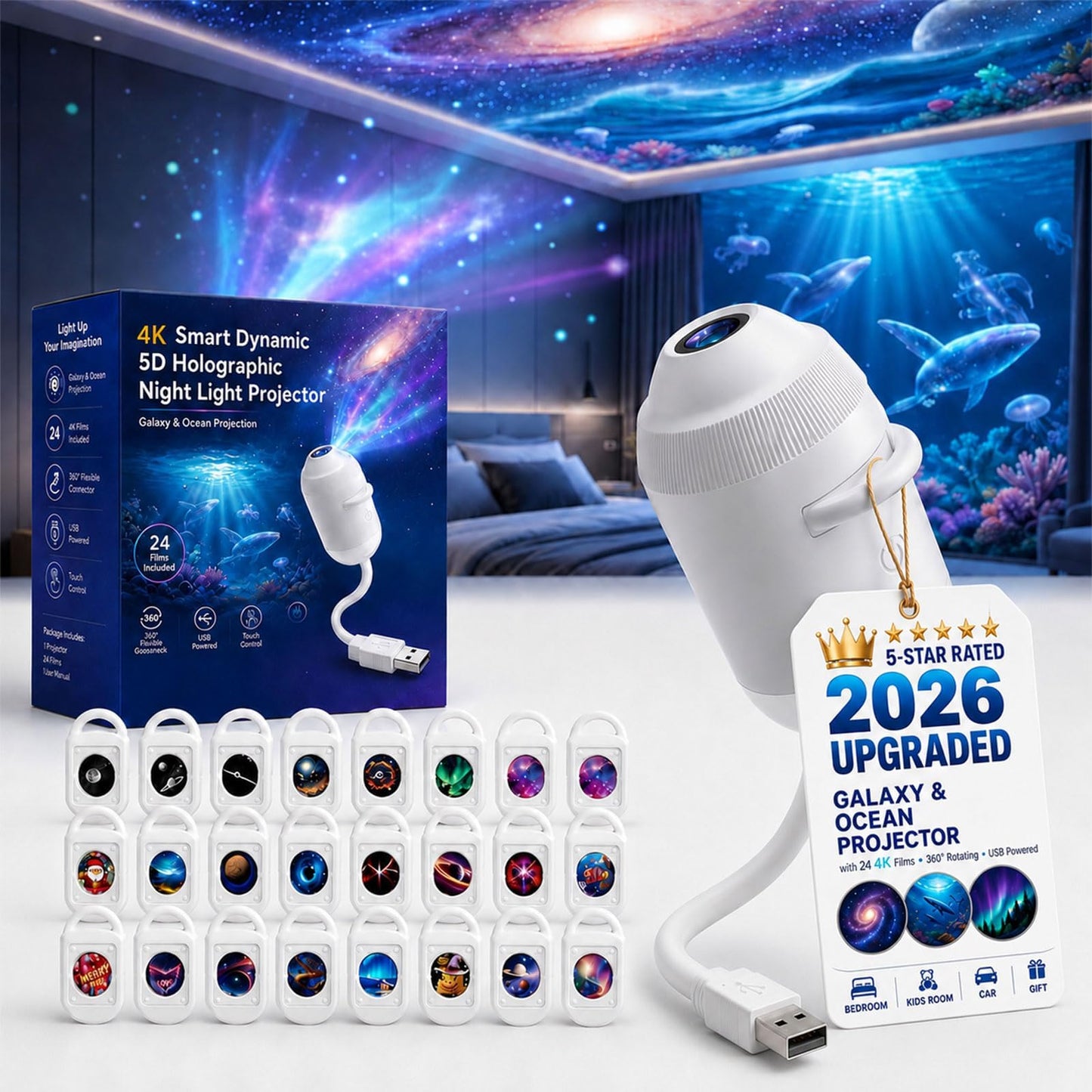 Proyector de luz nocturna holográfica 5D inteligente HD mejorado 2026 con 24 películas, proyector de estrellas HD Plug and Play, proyector Galaxy Star 2 en 1, rotación de 360 grados, alimentado por