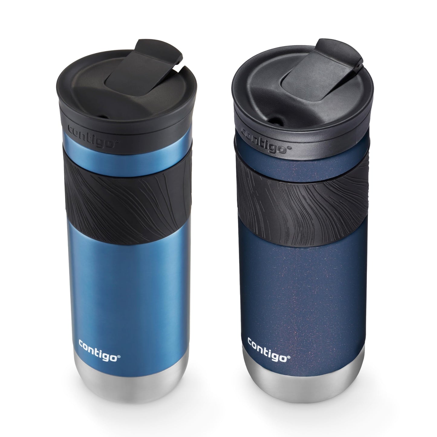 Contigo SNAPSEAL - Taza de viaje de acero inoxidable aislada con agarre, 591 ml, color azul maíz transparente satinado y baya de medianoche
