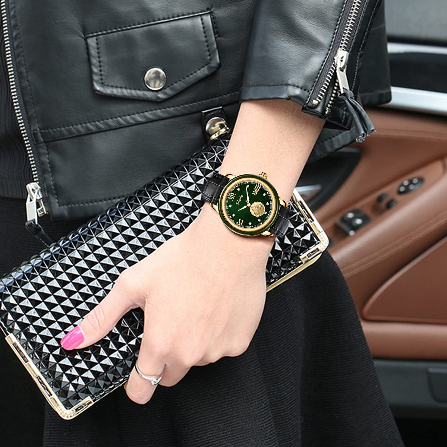 Diella Reloj impermeable para mujer, reloj de pulsera de cuero y movimiento de cuarzo japonés, relojes analógicos de moda, espejo de cristal de zafiro y circonitas de corona de rubí (AD5002L)