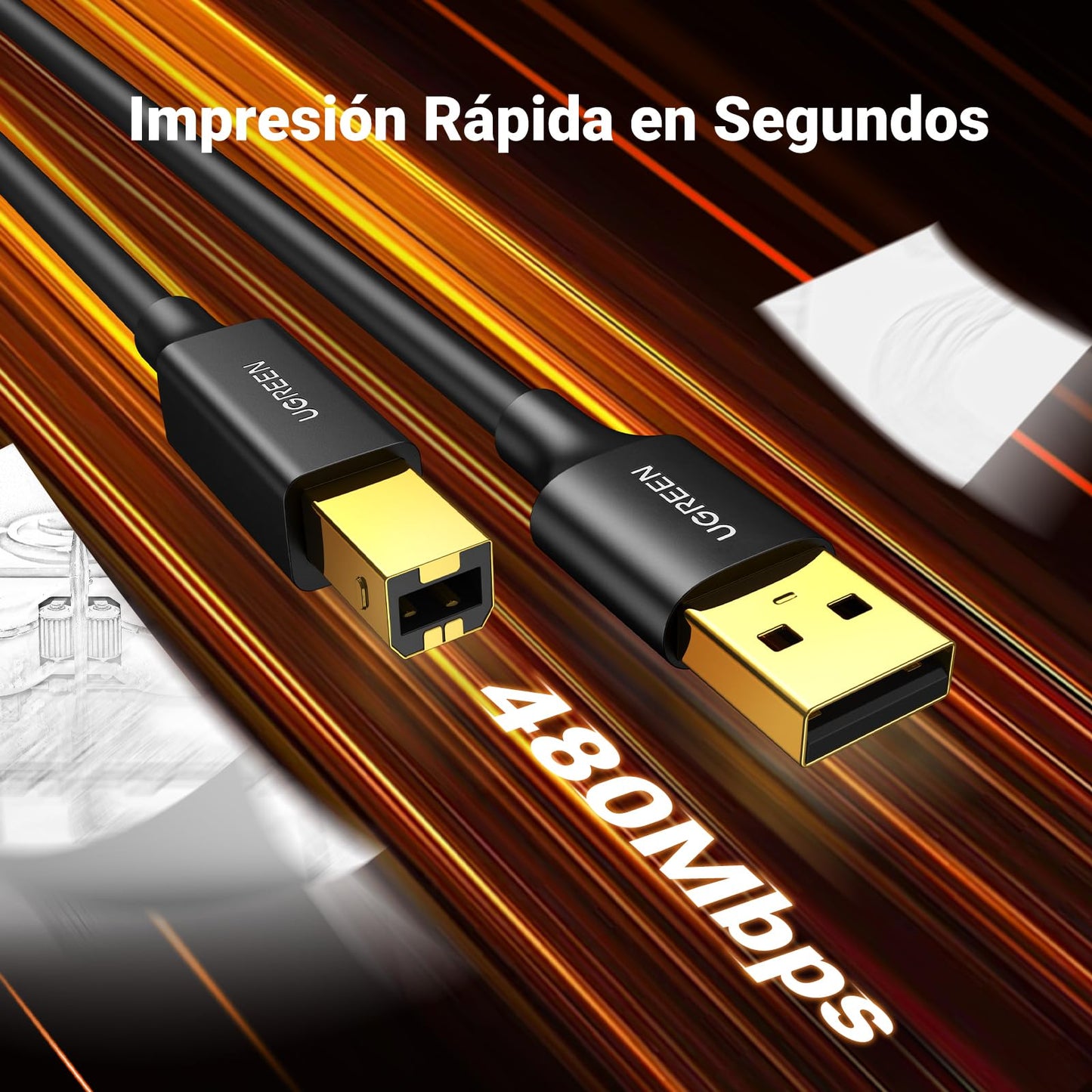 UGREEN Cable Impresora USB A 2.0 a Tipo B para HP Epson Brother Canon Lexmark, Escáner, Fax (1.5 Metros)