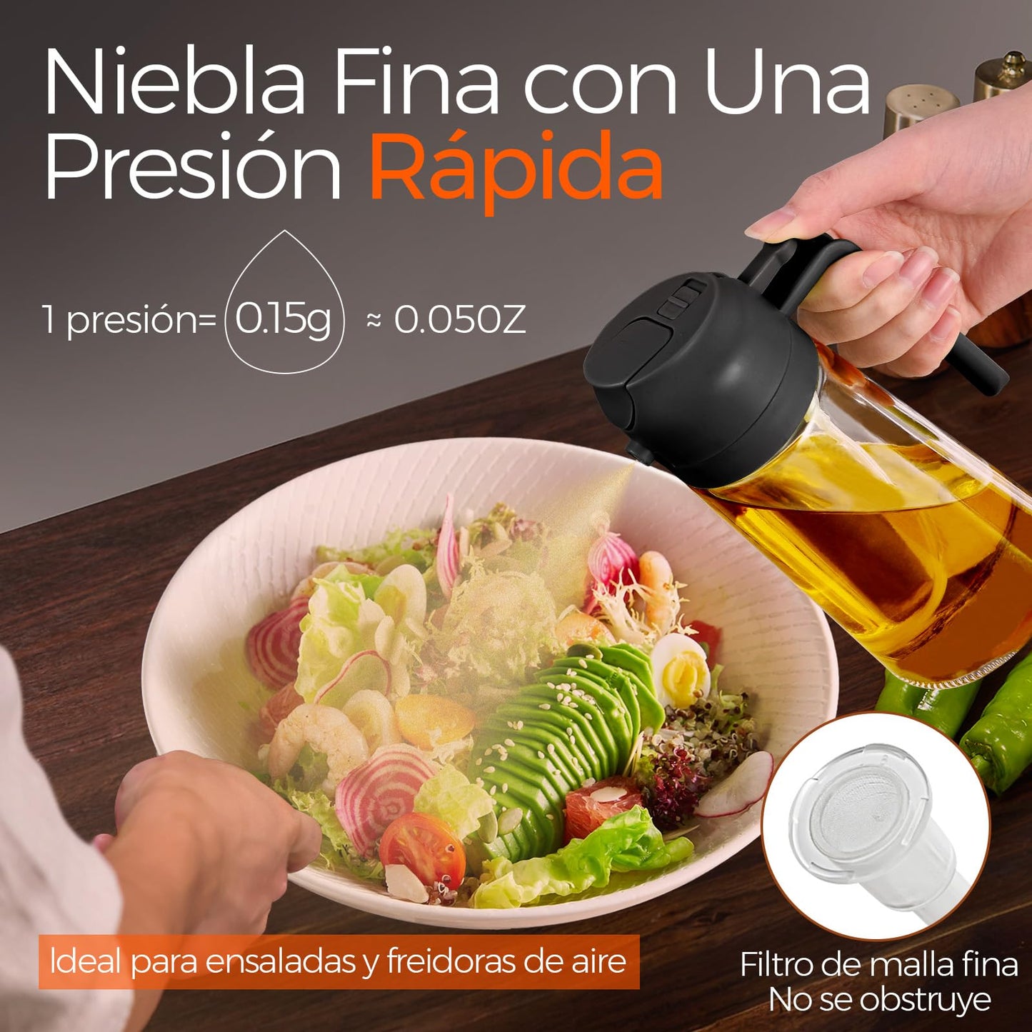 YARRAMATE Pulverizador de Aceite para Cocinar, Botella Dispensadora de Aceite de Oliva 2 en 1 para Cocina, Botella de Aceite de Vidrio de 17 oz/470 ml para Freidora de Aire, Barbacoa (Negra)