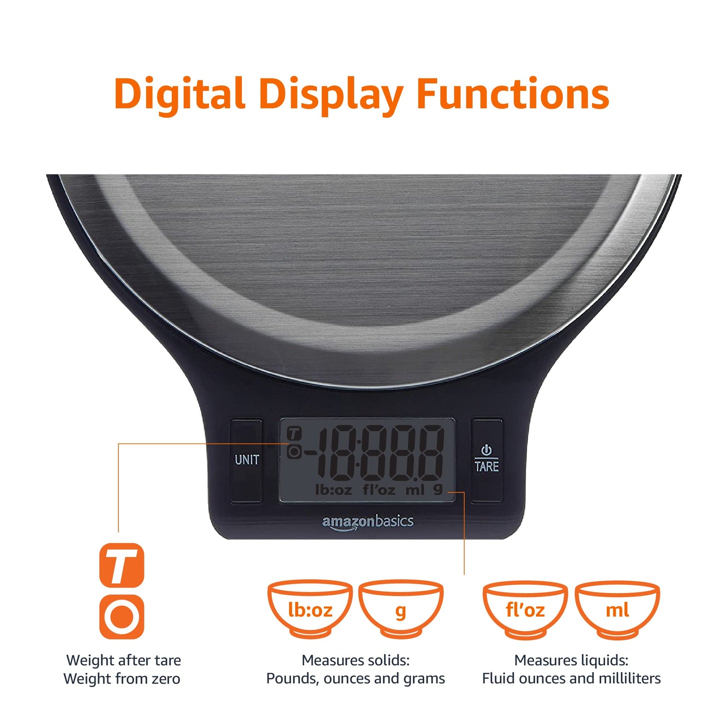 Amazon Basics Báscula de Cocina Digital con Pantalla LCD, sin bisfenol A (BPA), de Acero Inoxidable (Pilas Incluidas), Pesa hasta 11 Libras, Negro