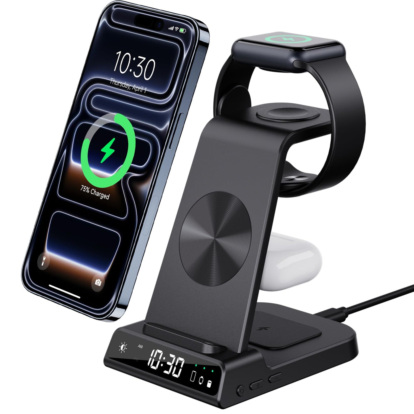 Cargador inalámbrico con Reloj Digital para Apple Estación de Carga para i Phone 15 16 14 13 Pro MAX, estación de Carga i Watch y iPhone, estación de Carga inductiva para iWatch 8 7 SE 6 Airp ods Pro