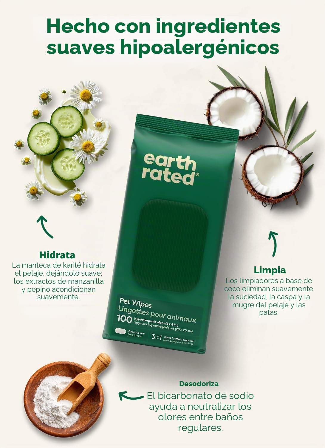 Earth Rated Toallitas hipoalergénicas para Perros, para Limpiar y Eliminar olores de Patas, Cuerpo y Trasero, Cachorros y Perros Adultos, sin Aroma, 100 Unidades