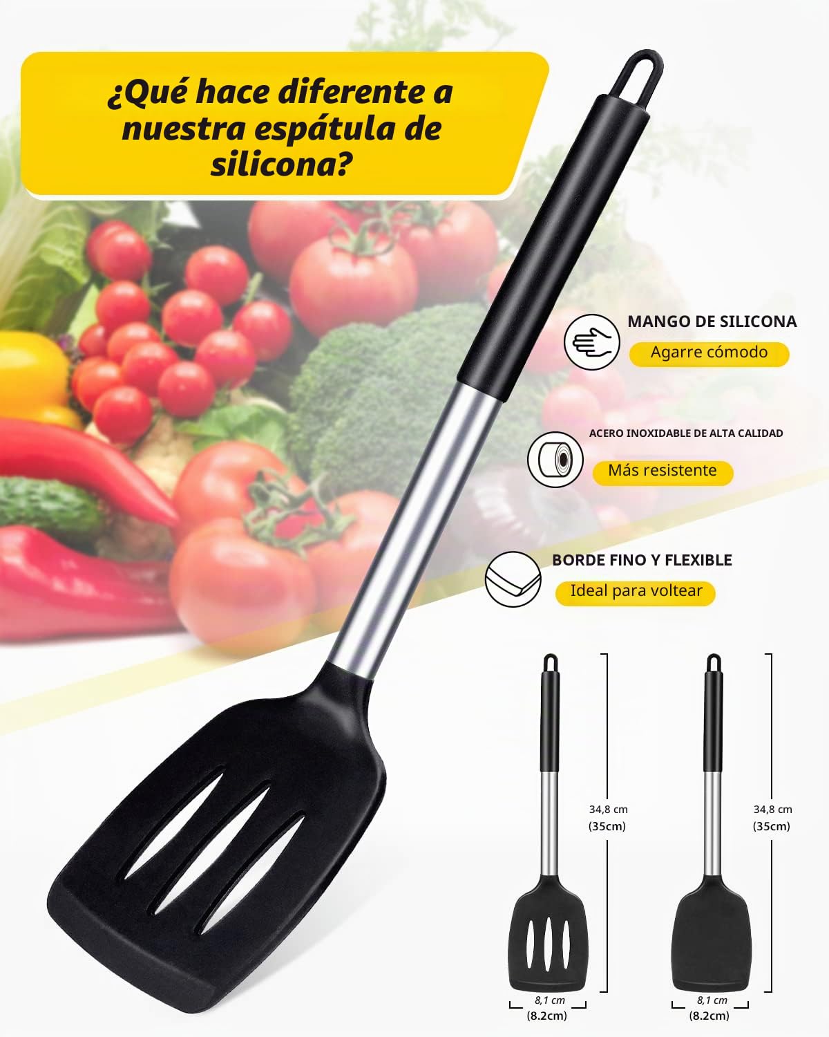 Juego de 2 Espátulas de Silicona, Espátula Antiadherentes Resistente al Calor, Utensilios de Cocina para Servir, Freir, Cocinar Huevos, Peacado, Verduras, Steak, Tortitas（Negro）