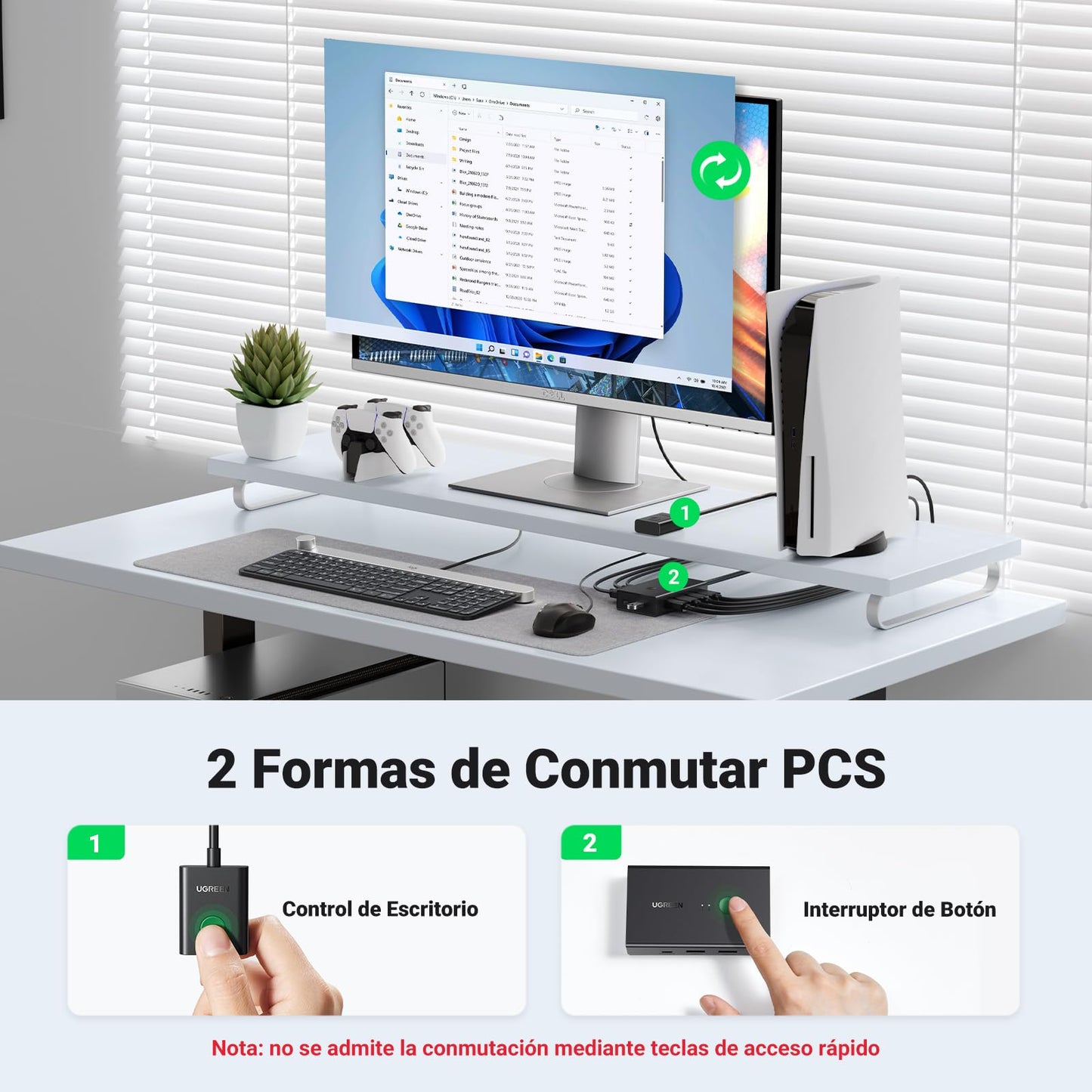 UGREEN KVM HDMI Switch 4K 60Hz 2 Entradas a 1 Salida 2 PC Comparten 1 Pantalla y 4 Puertos USB 2.0 Comutador con Control de Escritorio y Cable para Teclado Mouse Impresora USB Stick