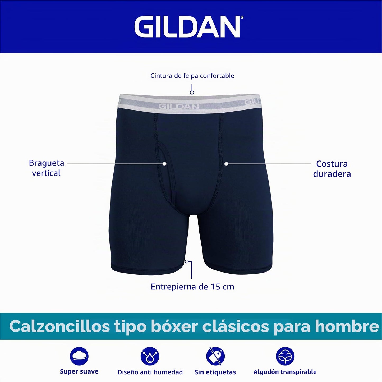 Gildan Calzoncillos Tipo bóxer con Pierna Normal, Multipack Ropa Interior de Hombres, Azul/Gris (Paquete de 5), L (Pack de 5)