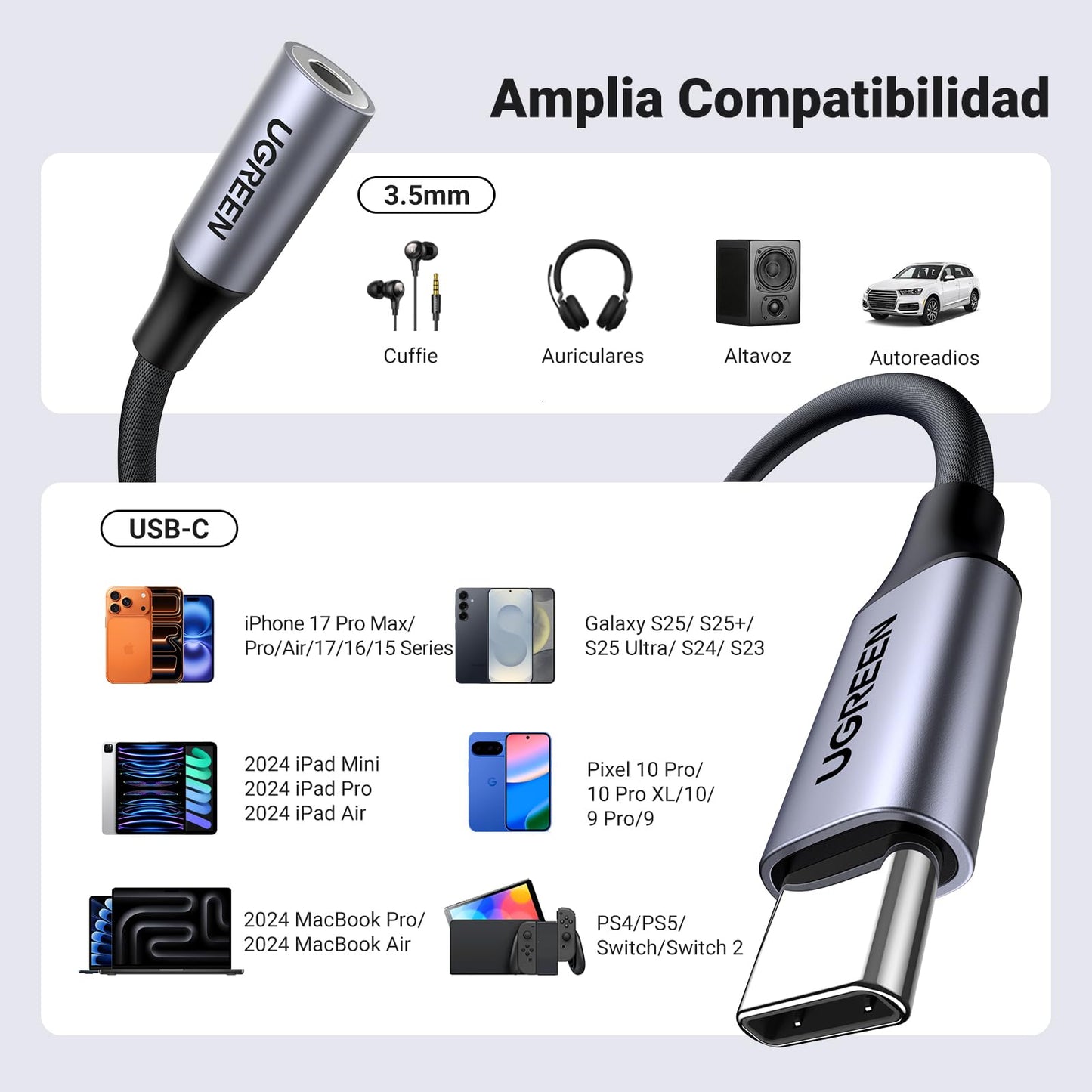 UGREEN Adaptador USB C a Jack 3.5mm DAC Chip Auriculares Tipo