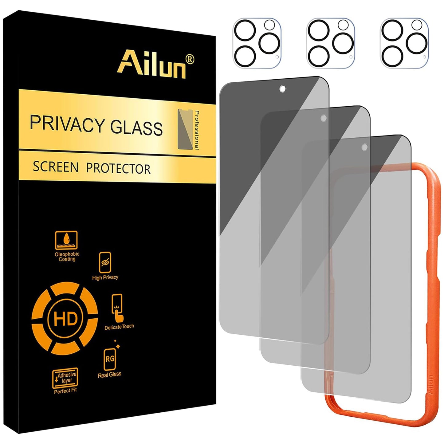 Ailun 3 Pack Privacy Screen Protector for iPhone 16 Pro Max [6.9 inch]+ 3 Pack Camera Lens Protector,Dynamic Island Compatible,Anti Spy Tempered Glass[9H Hardness]-HD