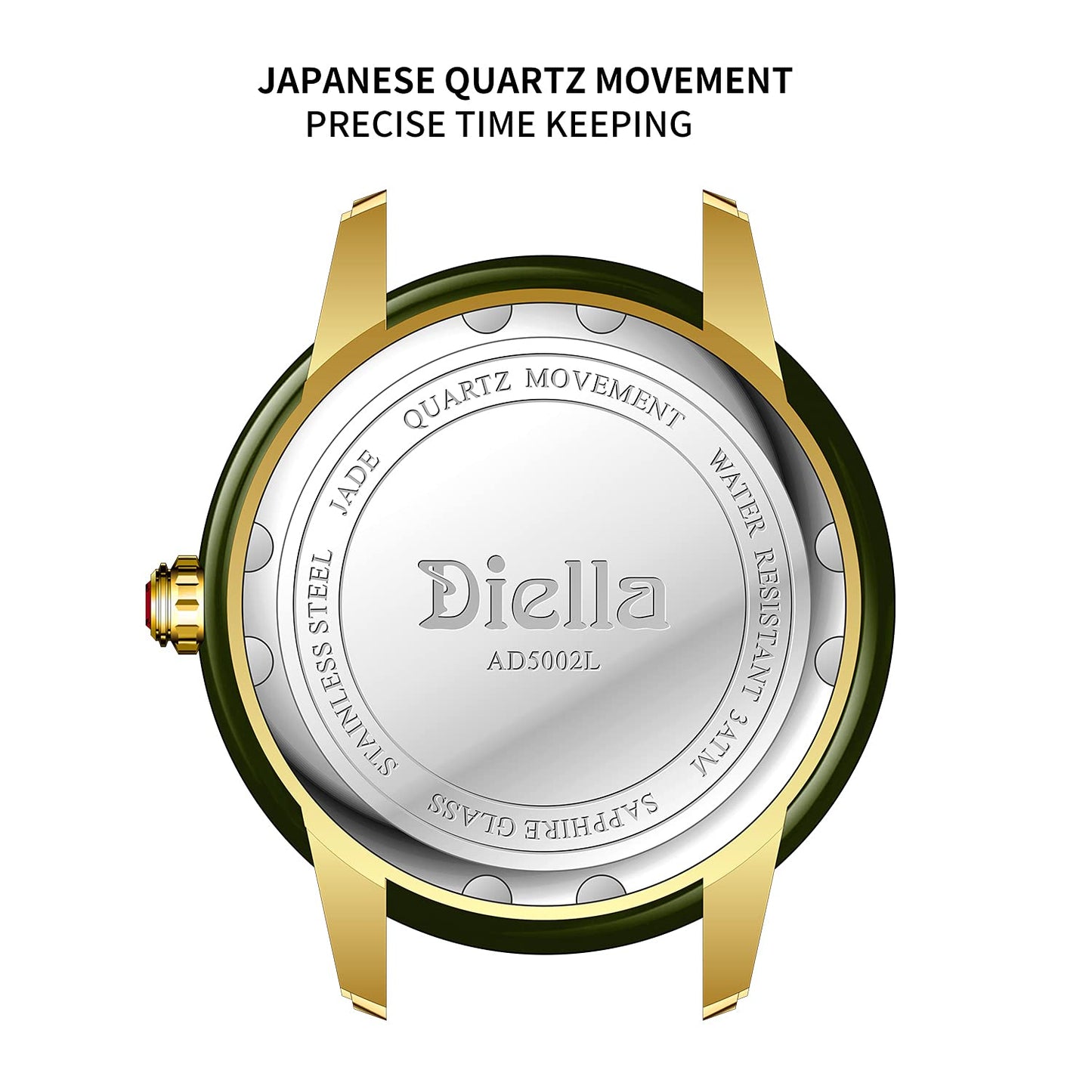 Diella Reloj impermeable para mujer, reloj de pulsera de cuero y movimiento de cuarzo japonés, relojes analógicos de moda, espejo de cristal de zafiro y circonitas de corona de rubí (AD5002L)