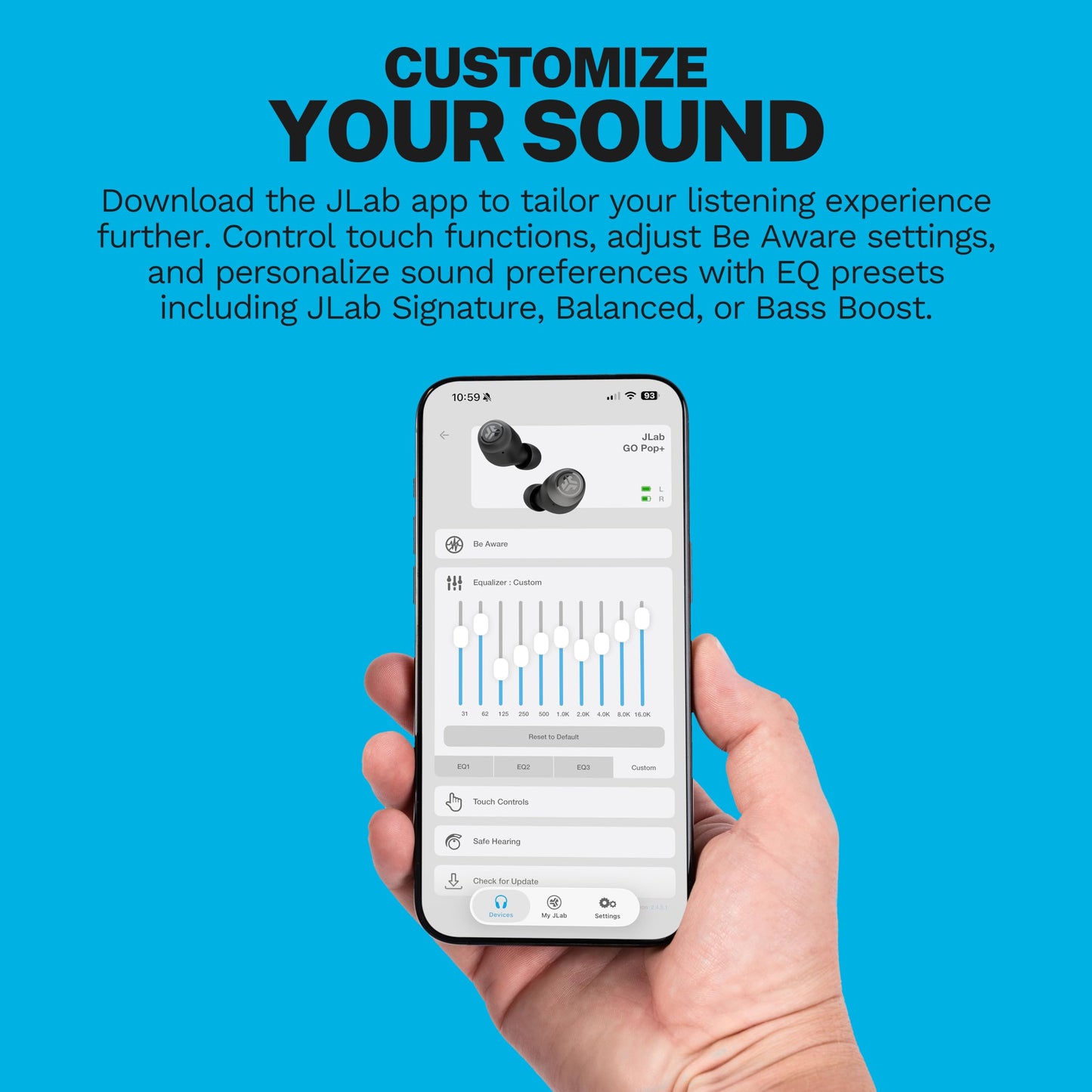 JLab Go Air Pop+ Auriculares Inalambricos Bluetooth, Wireless Earbuds 35+ Horas Rendimiento con Caja de Carga - Audifonos Bluetooth Inalambricos con Micrófono, Dual Connect, App, Negro Medianoche