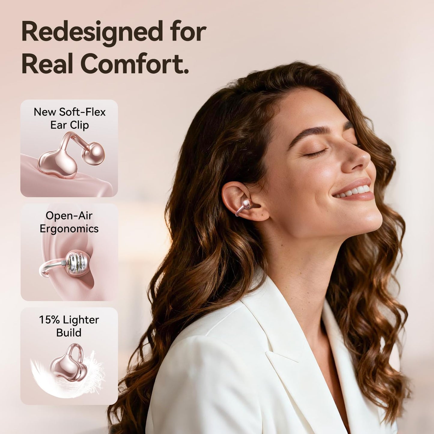 Kinglucky ClipFree - Auriculares de oreja abierta, diseño inspirado en joyas, elegante y cómodo, ajuste de clip, auriculares inalámbricos Bluetooth 5.4 para mujer, batería de larga duración, ideal