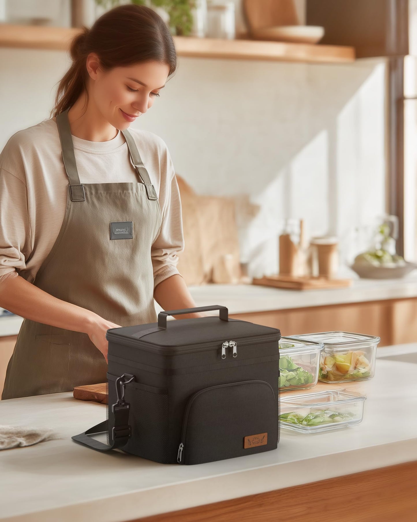 HOTOR Lonchera aislada para hombres y mujeres, bolsa de almuerzo a prueba de fugas con 4 bolsillos, correa ajustable, ideal para el trabajo, picnic, viajes, mediano, negro, 10.2 x 6.9 x 8.5 pulgadas