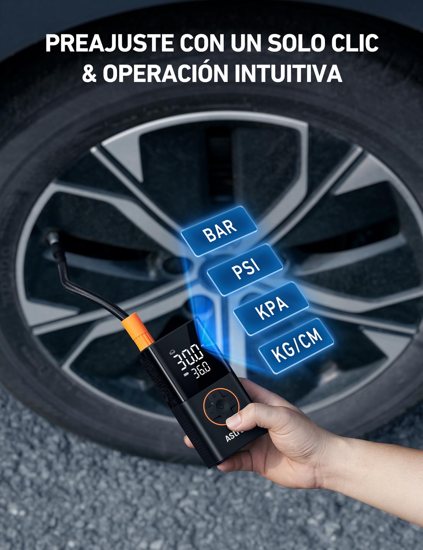 AstroAI Compresor Aire Portátil Inalámbrico, Inflador Ruedas Multiuso, Hinchador Ruedas con Batería Recargable y Luz LED, Apagado Automático para Coche Eléctricos, Bicicletas, Moto y Etc. (Naranja)